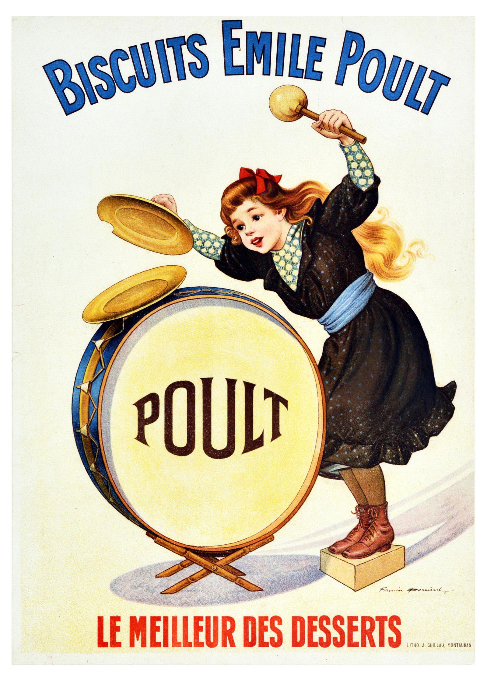 Advertising Poster Biscuits Emile Poult Dessert Drum: Original vintage advertising poster for Biscuits Emile Poult â€“ Le Meilleur des Desserts / Emile Poult Biscuits â€“ The Best Desserts. The humorous image by Etienne-Maurice-Frmin Bouisset (