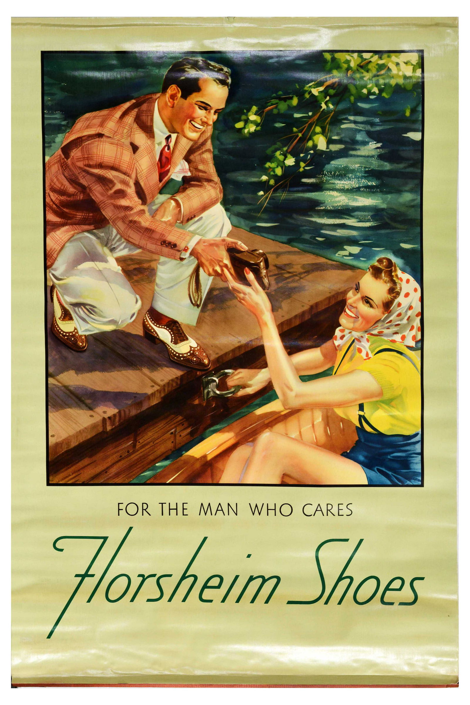 Advertising Poster Florsheim Shoes Brogues Lake Pier: Original vintage advertising poster for Florsheim Shoes - For the Man Who Cares. The poster features an image of a smartly dressed man wearing a checked jacket, white trousers and brown and white brog