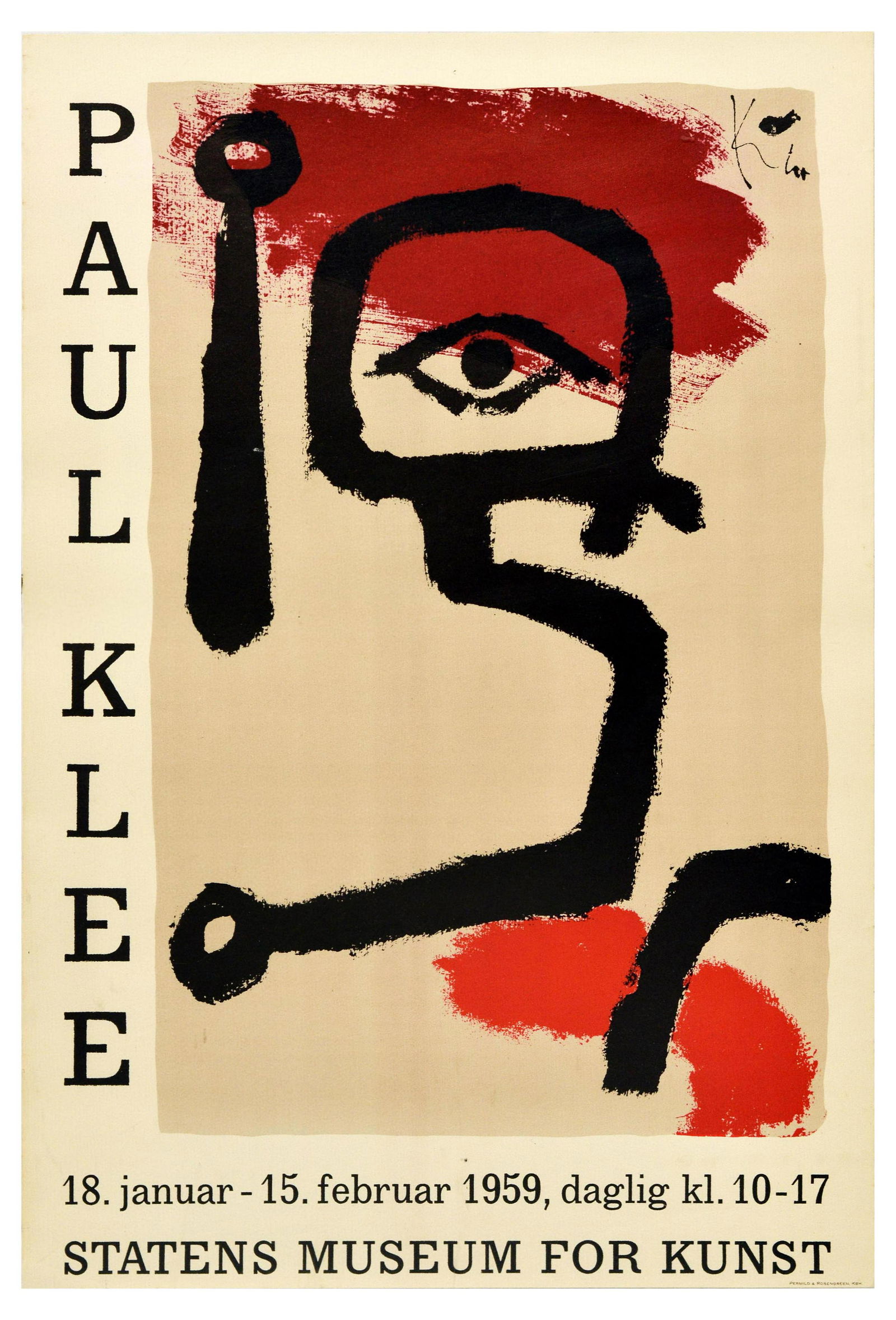 Advertising Poster Paul Klee Statens Museum Art: Original vintage advertising poster for a Paul Klee exhibition at the Statens Museum for Kunst in Copenhagen, held in 1959. The featured Paul Klee artwork is an abstract painting of an eye and black,