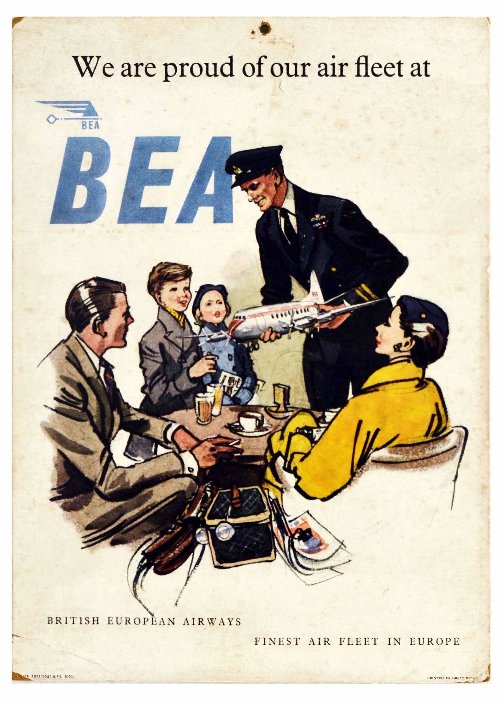 Advertising Poster BEA Airways Pilot Fleet Europe: Original vintage travel advertising poster standee for British European Airways - We are proud of our air fleet at BEA - British European Airways, Finest Air Fleet in Europe - featuring a colourful mi