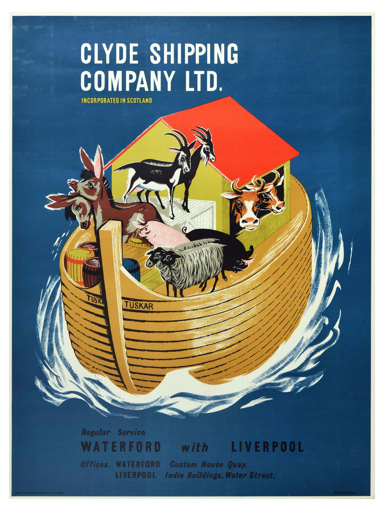 Advertising Poster Clyde Shipping Company Noahs Arc: Original vintage advertising poster for Clyde Shipping Company LTD. featuring a creative illustration of Noah's arc named Tuskar carrying donkeys, sheep, pigs, goats, cows, crates and barrels, set ove