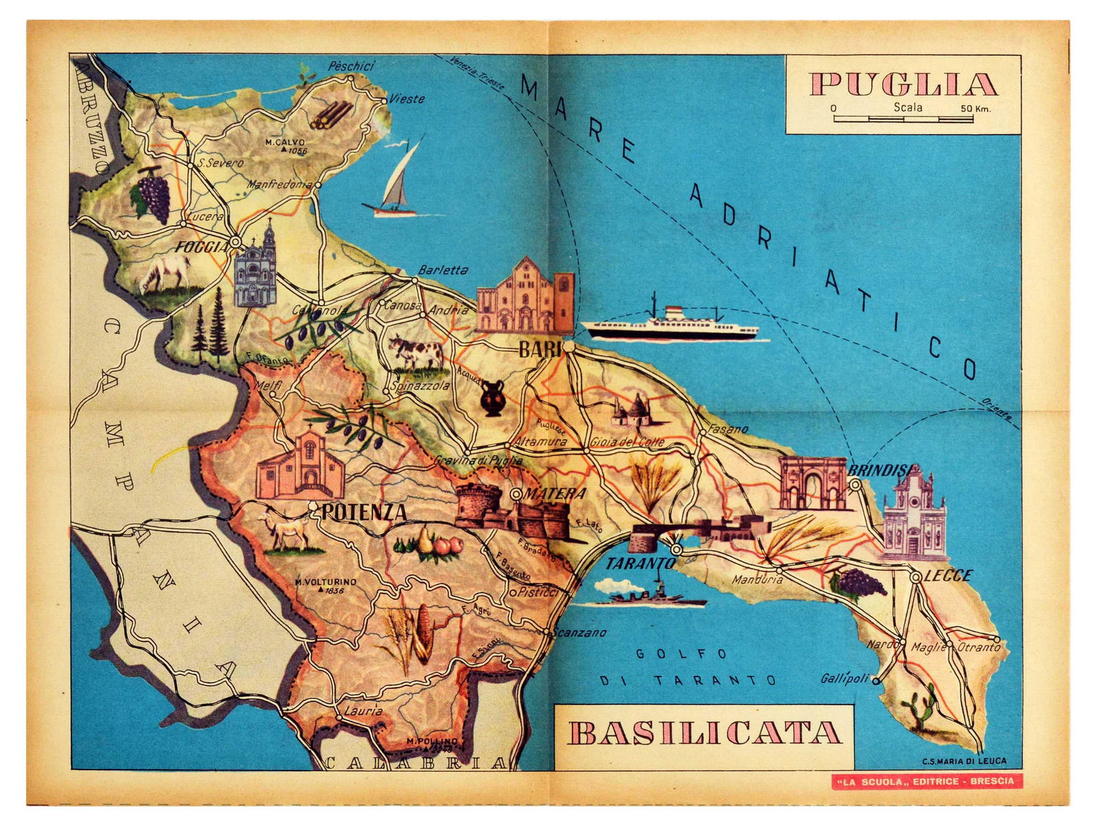 Advertising Poster Puglia Basilicata Italy Illustrated: Original vintage poster featuring a map of Puglia / Apulia and Basilicata / Lucania regions in the southern peninsula section of Italy. With coastlines on the Tyrrhenian Sea and the Gulf of Taranto, B