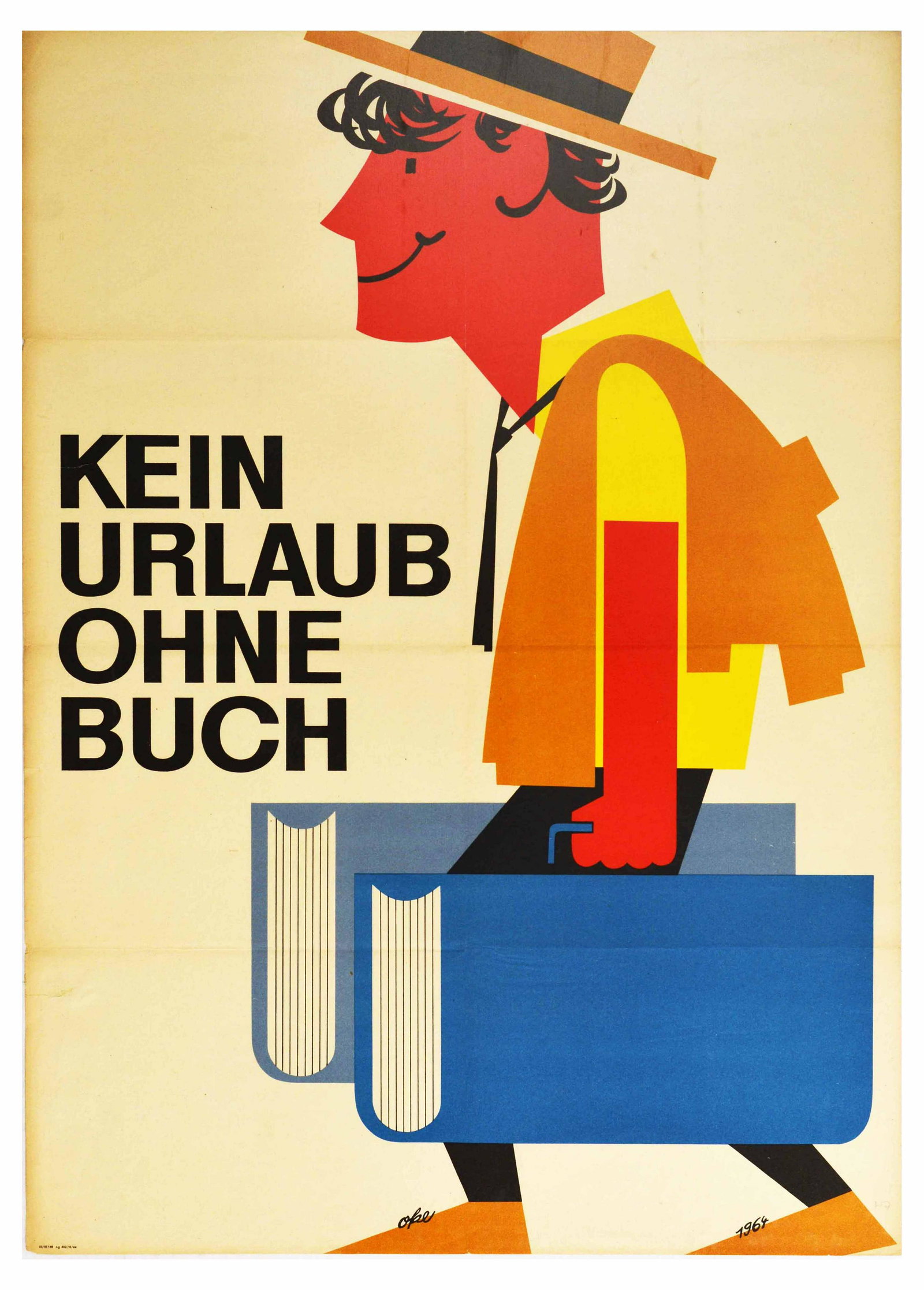 Advertising Poster Vacation Books Reading Travel: Original vintage advertising poster featuring a fun illustration of a man in a yellow shirt, brown vest and hat, carrying two blue suitcases in the shape of books - text in bold black reads: Kein urla
