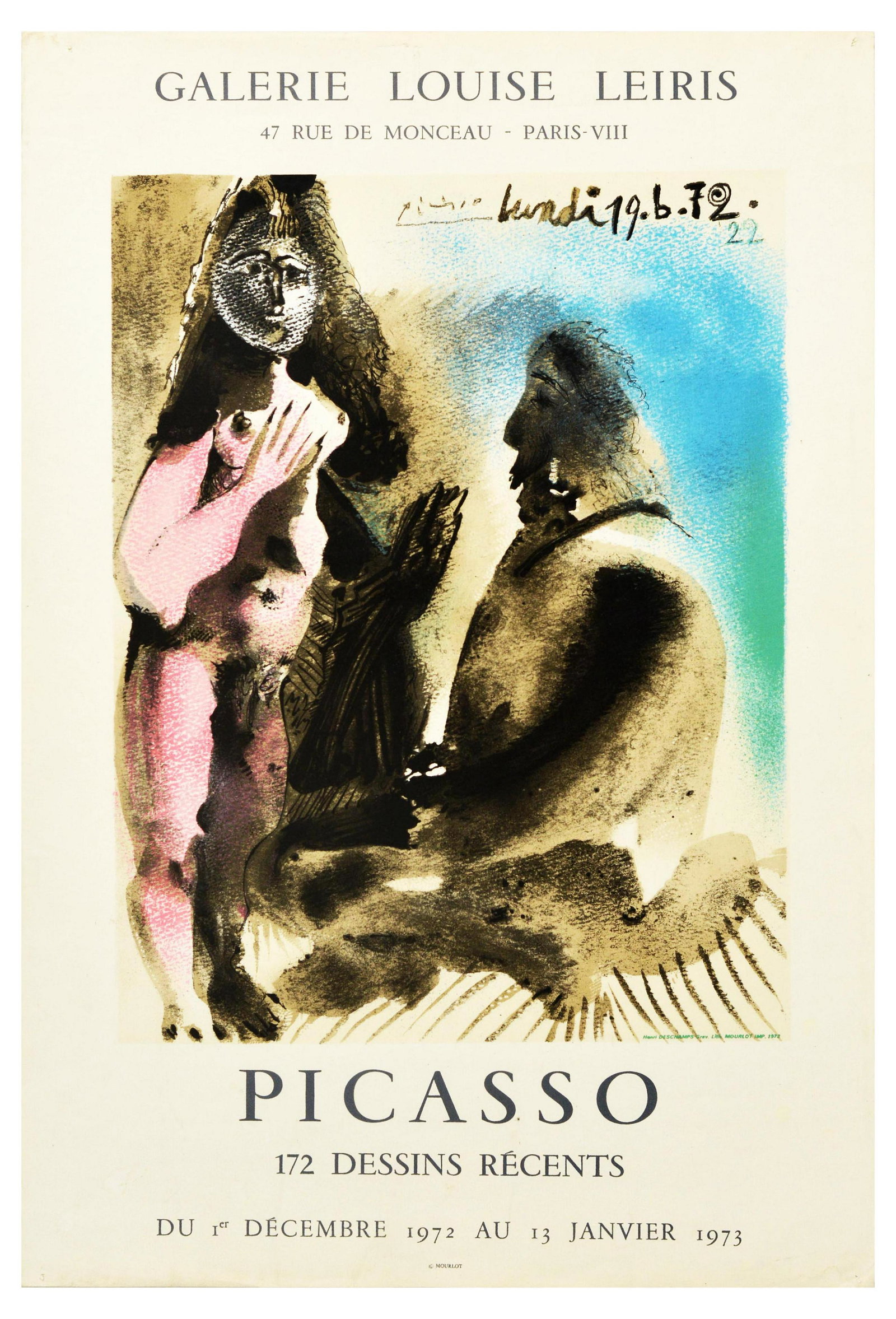 Advertising Poster Pablo Picasso Art Exhibition Paris: Original vintage advertising poster for Picasso exhibition held at Galerie Louise Leiris in Paris, held from 1st December 1972 until 13th January 1973 displaying 172 recent drawings from the artist, f