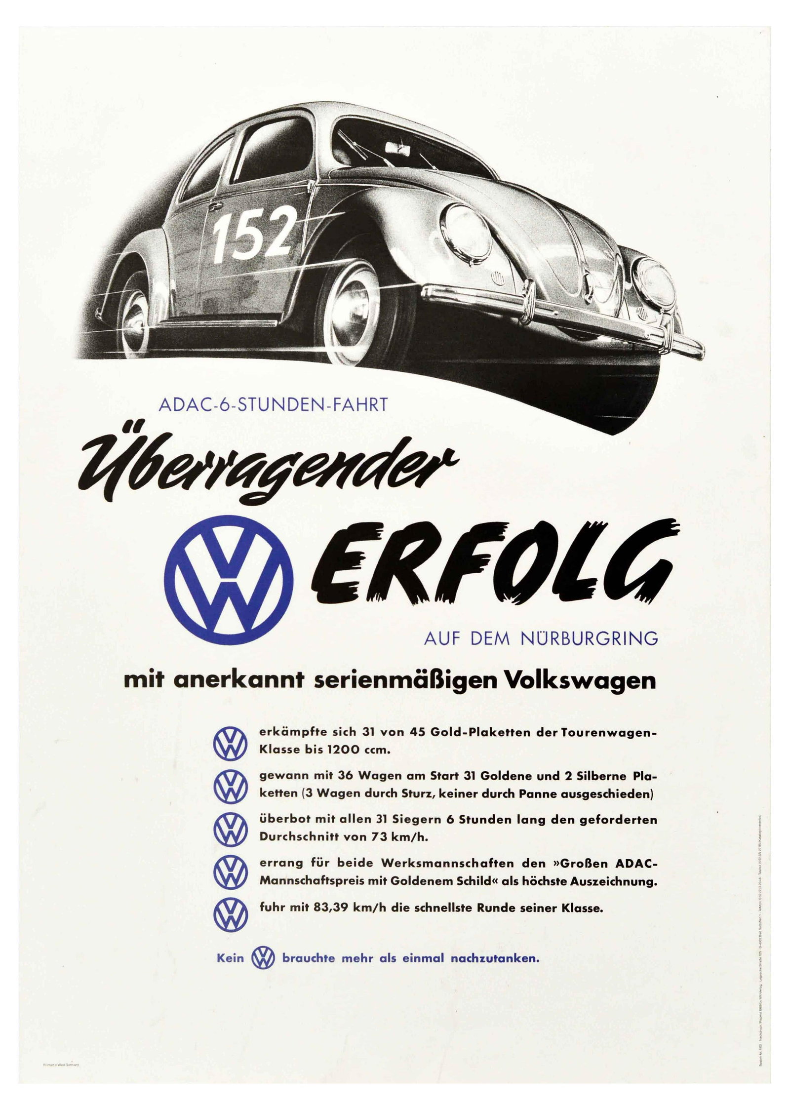 Advertising Poster ADAC Volkswagen Beatle Nurburgring: Vintage reproduction of an advertising poster issued by Volkswagen titled ADAC 6 Stunden Fahrt / ADAC 6 Hour Drive Outstanding success on the Nurburgring with recognized series-production Volkswagen, 