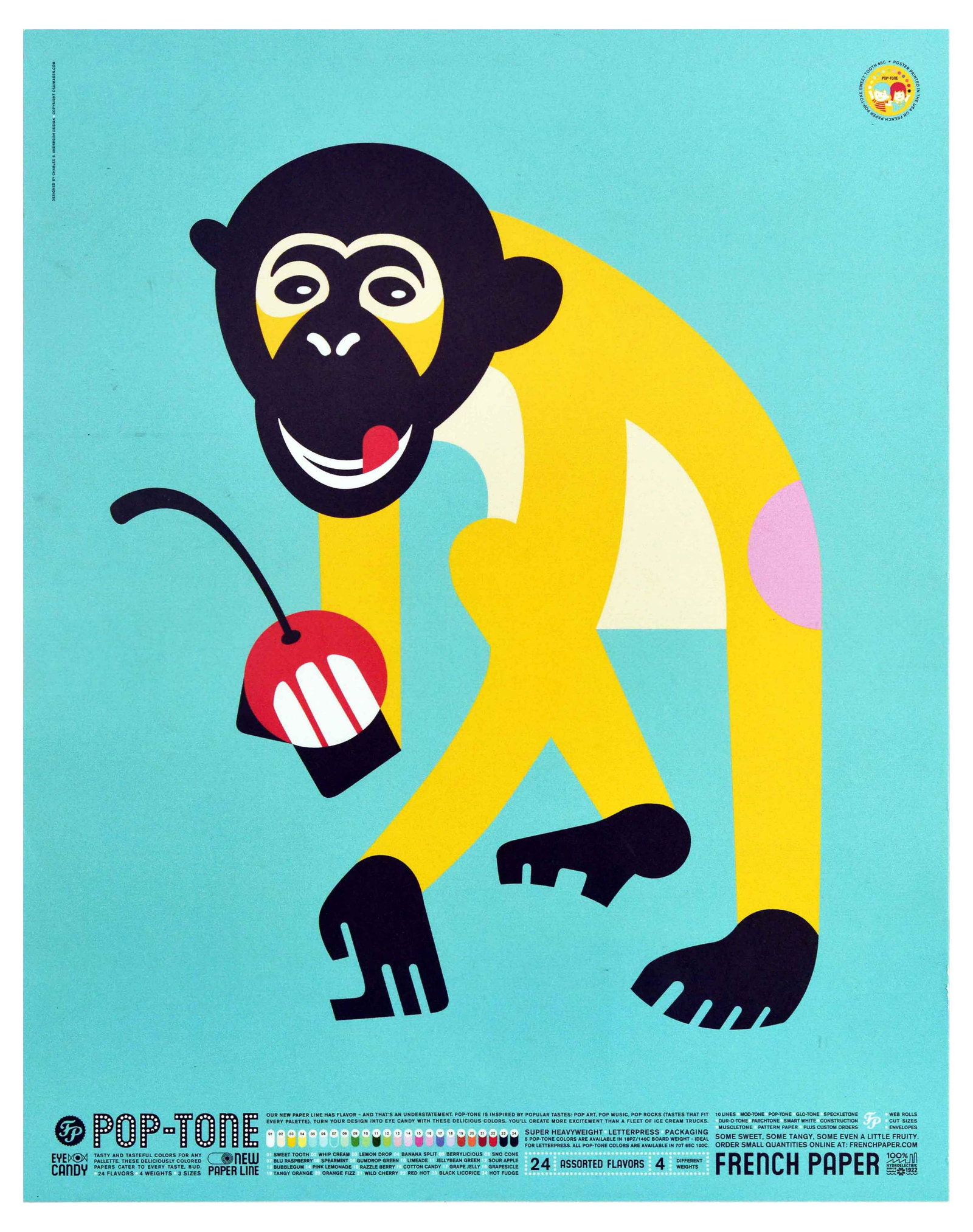 Advertising Poster Monkey Apple Pop Art French Paper: Original vintage advertising poster for Pop-Tone by French Paper, featuring a colourful pop art illustration of a yellow monkey sticking its tongue out while holding a red apple set over light blue ba