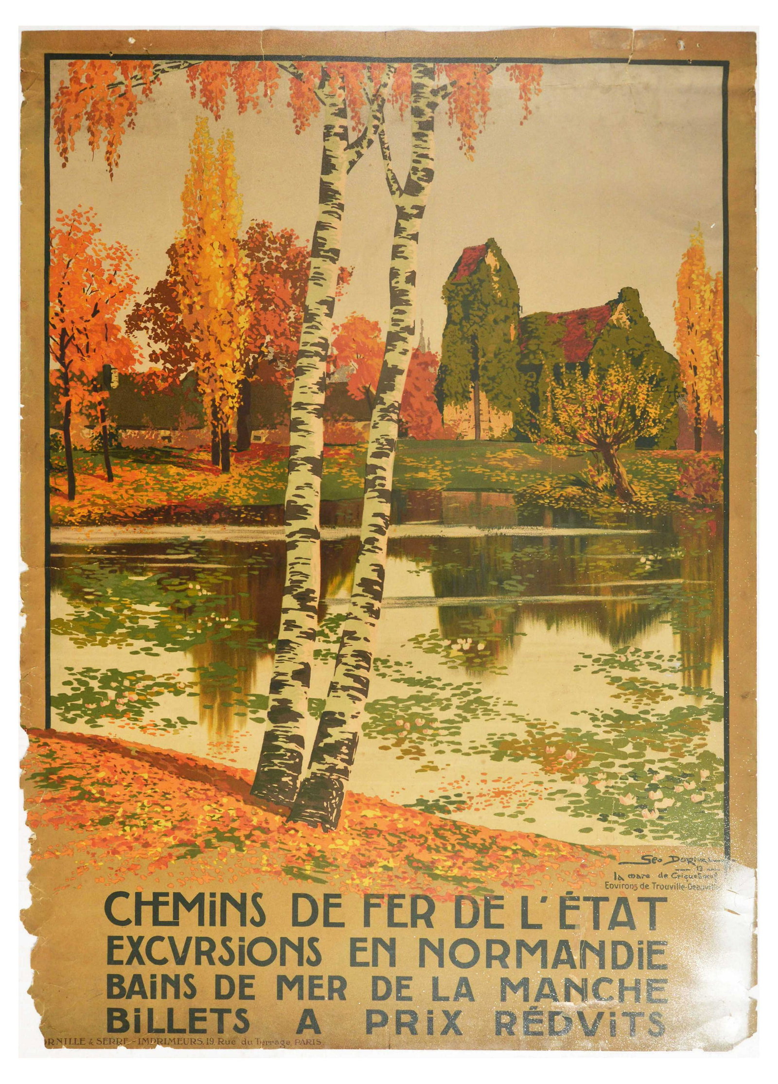 Travel Poster Normandy French State Railways France: Original vintage travel poster for French State Railroad Excursions in Normandy Bains de Mer de la Manche / Chemins De Fer De L'Etat Excursions en Normandie Bains de Mer de la Manche - Design by Geo D