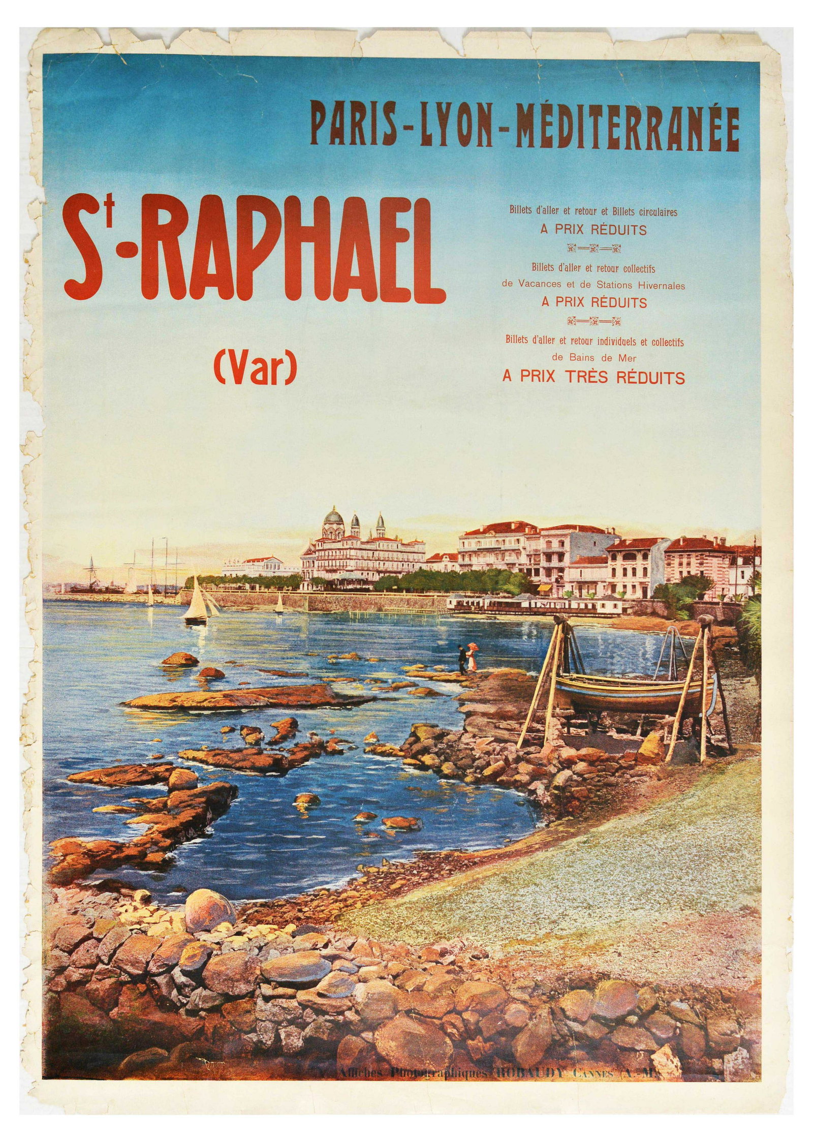 Travel Poster PLM Railway St Raphael Var Cote dAzur: Original vintage travel poster promoting St Raphael in Var, Provence-Alpes-Cote dâ€™Azur - issued by the French railway company Compagnie des Chemins de Fer de Paris a Lyon et a Mediterranee (PLM