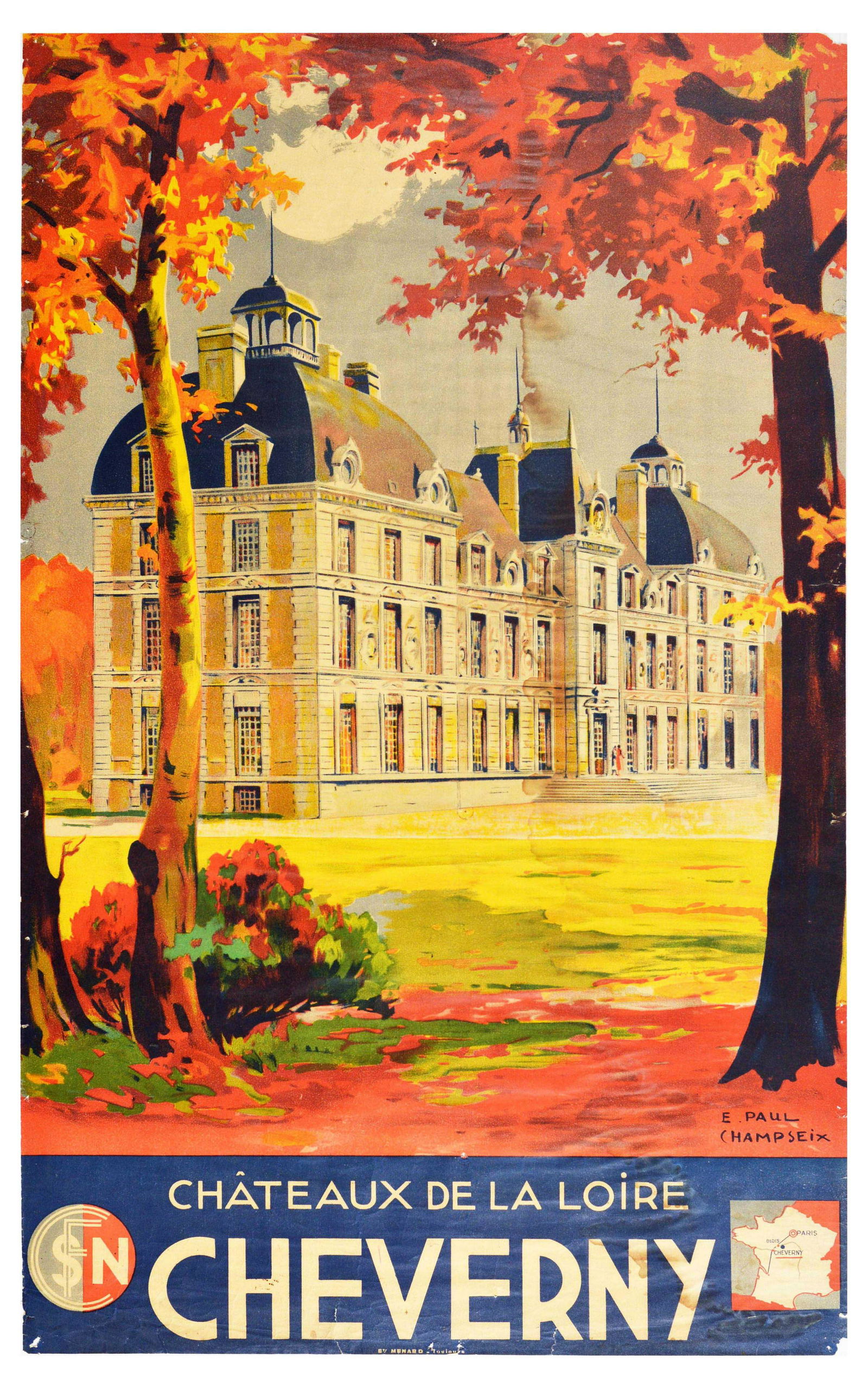 Travel Poster SNCF Railway Cheverny Chateaux de le: Original vintage travel poster promoting the Chateaux de le Loire in Cheverny issued by Societe nationale des chemins de fer francais (SNCF â€“ the French National Railway Company). The image sho