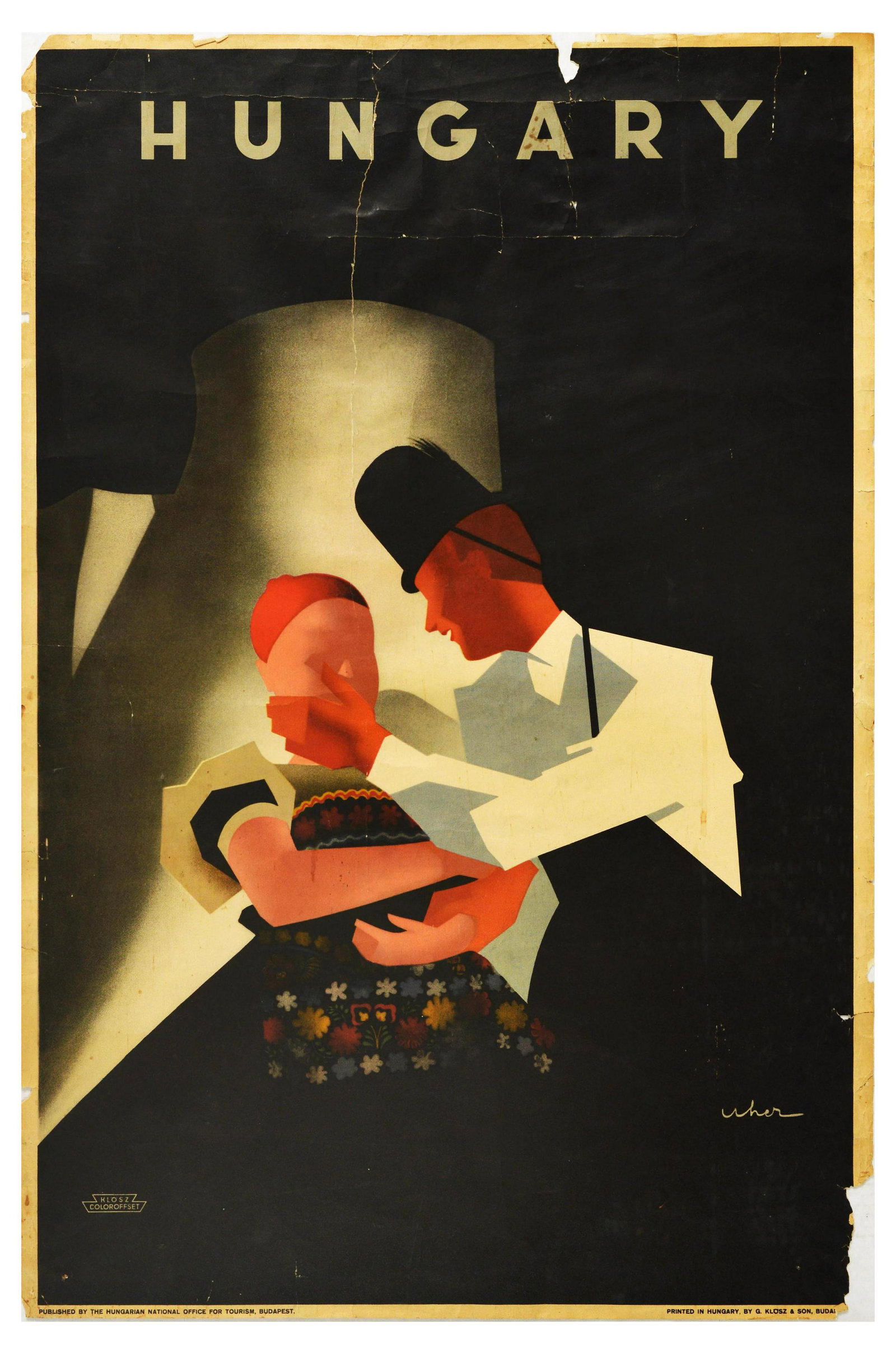 Travel Poster Hungary Folk Costumes Uher Art Deco: Original vintage travel poster advertising Hungary featuring a great design by Arisztid Uher, a poster artist known for his 1930s designs which combined the influences of Art Deco, Cubism and Folk Art