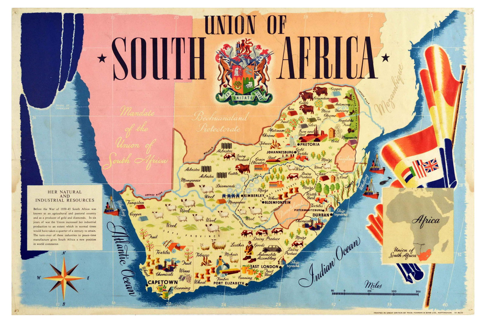 Travel Poster South Africa Illustrated Map Natural: Original vintage travel poster for Union of South Africa featuring an illustration of a map of the African continent - Mandate of the Union of South Africa - Bechuanaland Protectorate - Pictorial map 