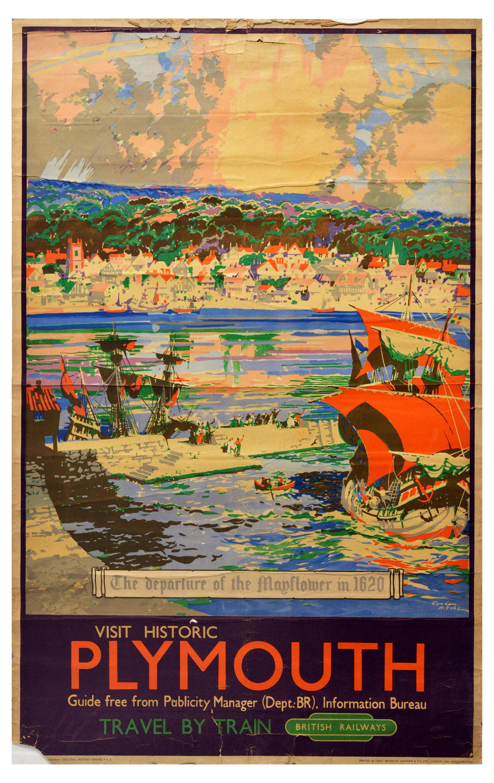 Travel Poster British Railways Plymouth Mayflower: Original vintage travel poster titled Visit Historic Plymouth, issued by British Railways. The artwork by Gordon Nicoll depicts the departure of the Mayflower in 1620 - a red ship is shown leaving a h