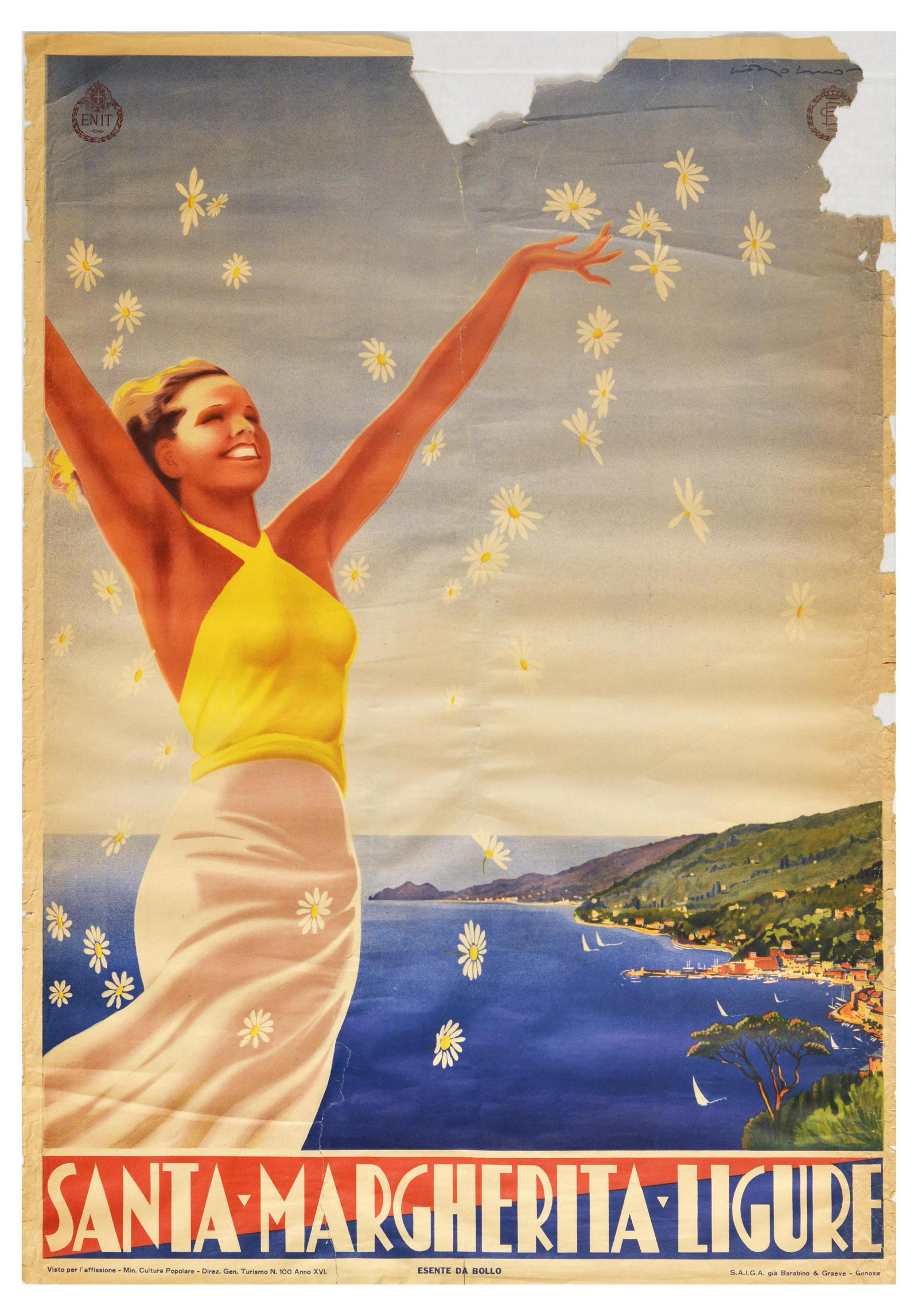 Travel Poster ENIT Santa Margherita Ligure Genoa Art: Original vintage advertising poster promoting Santa Margherita Ligure in Genoa, issued by ENIT â€“ the Italian Government Tourist Board. The image shows a smiling woman throwing handfuls of daisi