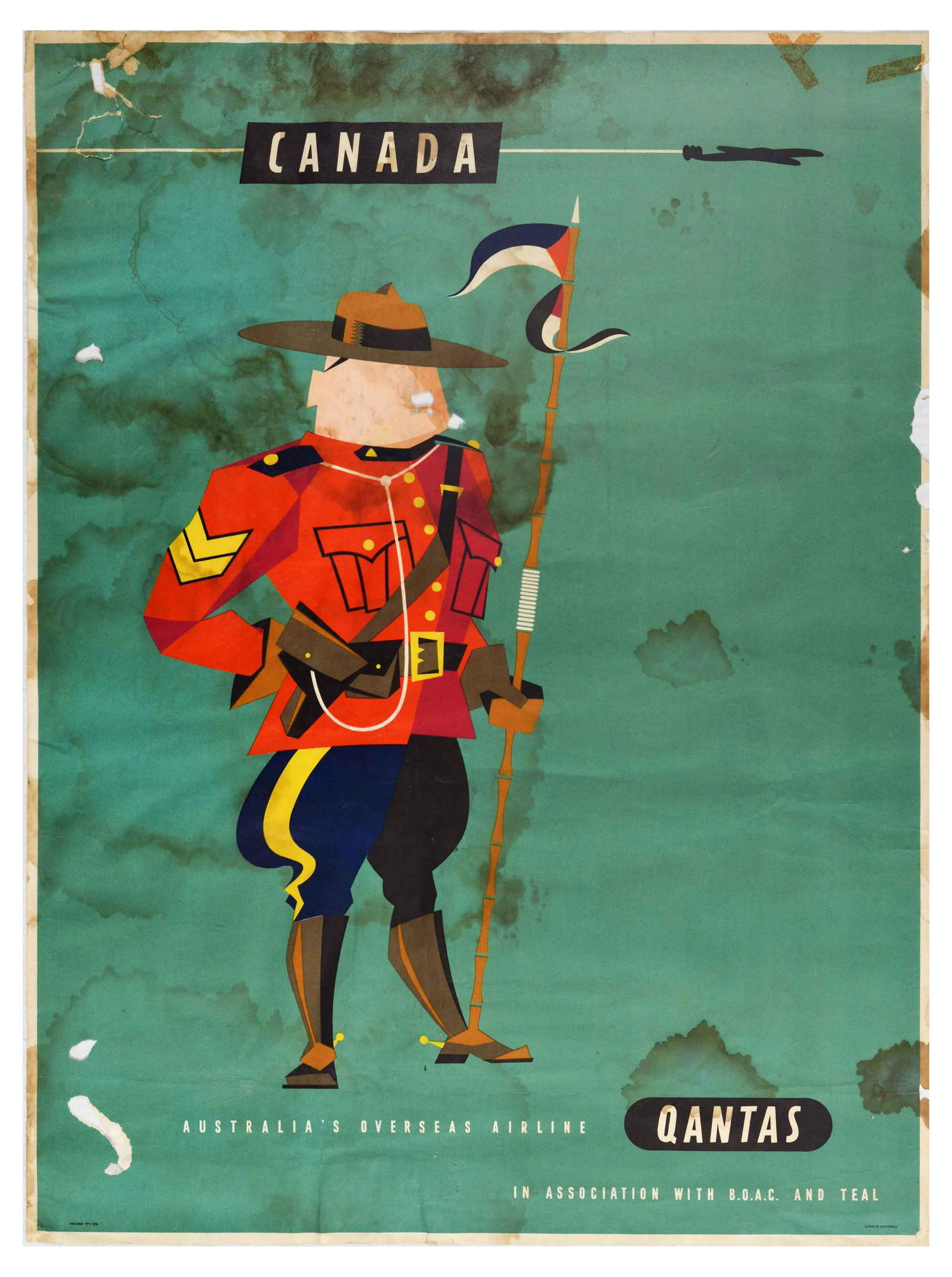 Travel Poster Qantas Airline Canada BOAC TEAL Mountie: Original vintage travel advertising poster for Canada issued by Qantas - Australia's overseas airline in association with BOAC and Tasman Empire Airways Ltd - Design featuring an illustration of Royal