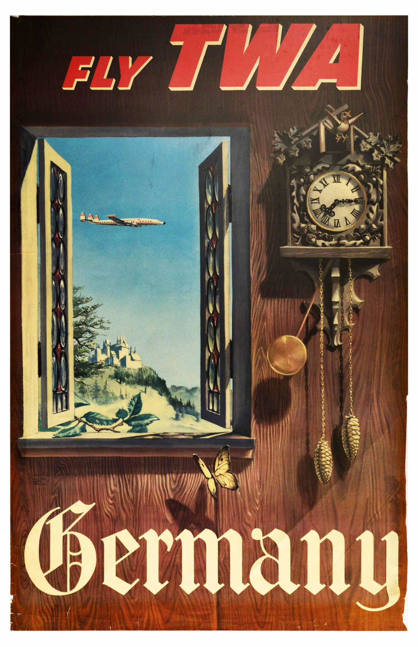 Travel Poster TWA Airlines Germany Cuckoo Clock: Original vintage travel poster inviting tourists to visit Germany, issued by Trans World Airlines / TWA featuring a great design by the notable American artist William Ward Beecher (1921-2006) depicti
