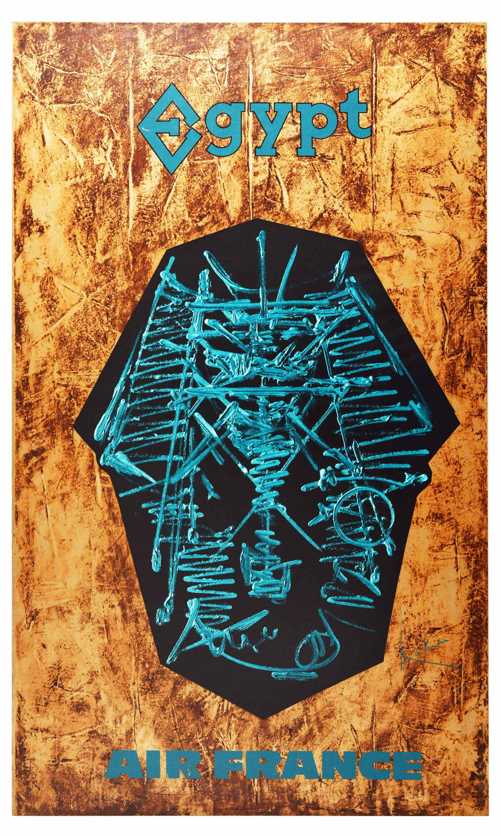 Travel Poster Air France Egypt Pharaoh Georges Mathieu: Original vintage travel poster promoting Egypt issued by Air France featuring colourful artwork by Georges Mathieu (1921-2012) depicting a stylised image of an Egyptian Pharaoh's mask in blue over bla