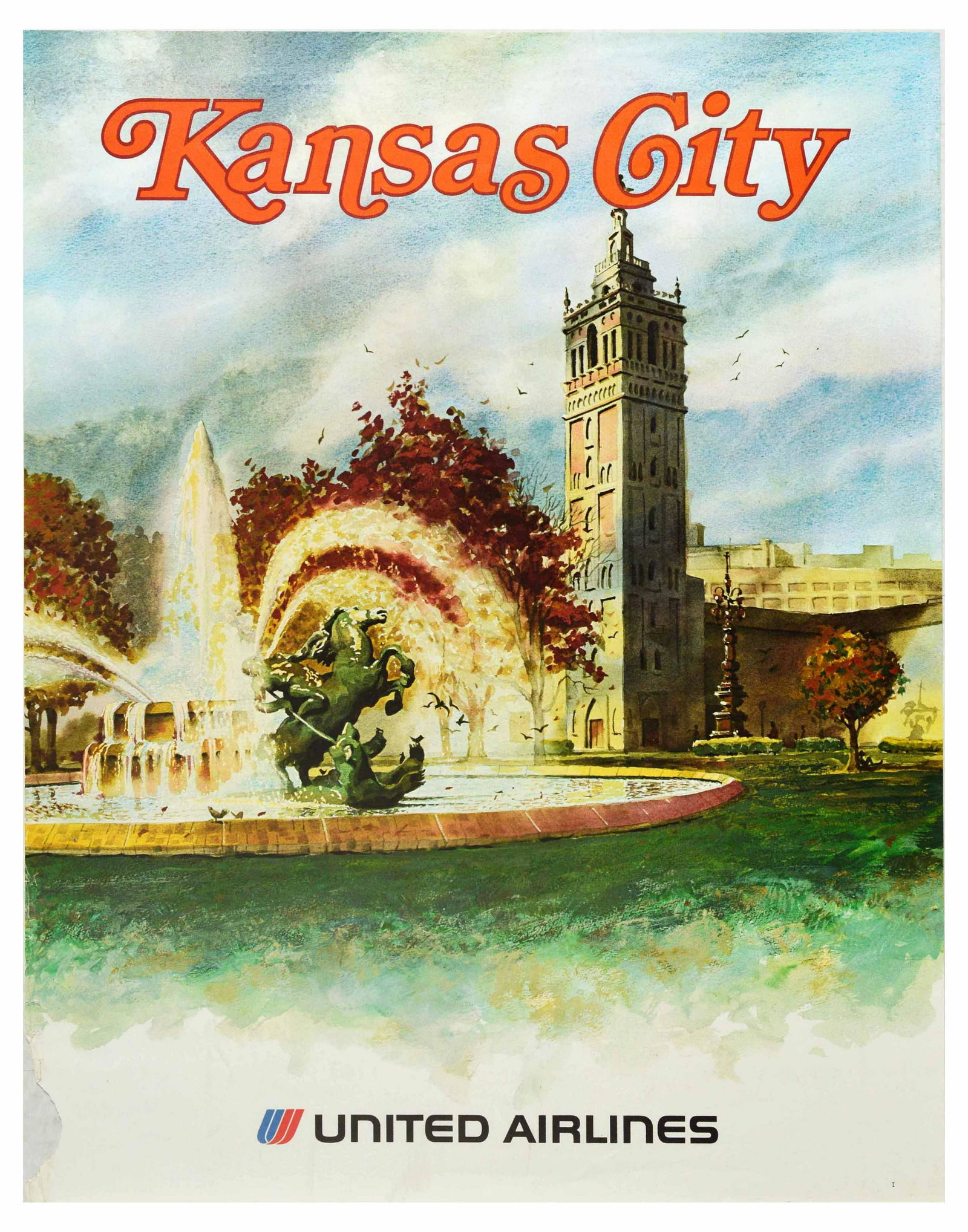 Travel Poster United Airlines Kansas City Country Club: Original vintage travel poster for Kansas City - Fountain city issued by the United Airlines. Colourful image of J.C. Nichols Memorial Fountain by French sculptor Henri-Leon Greber (1854-1941), with t