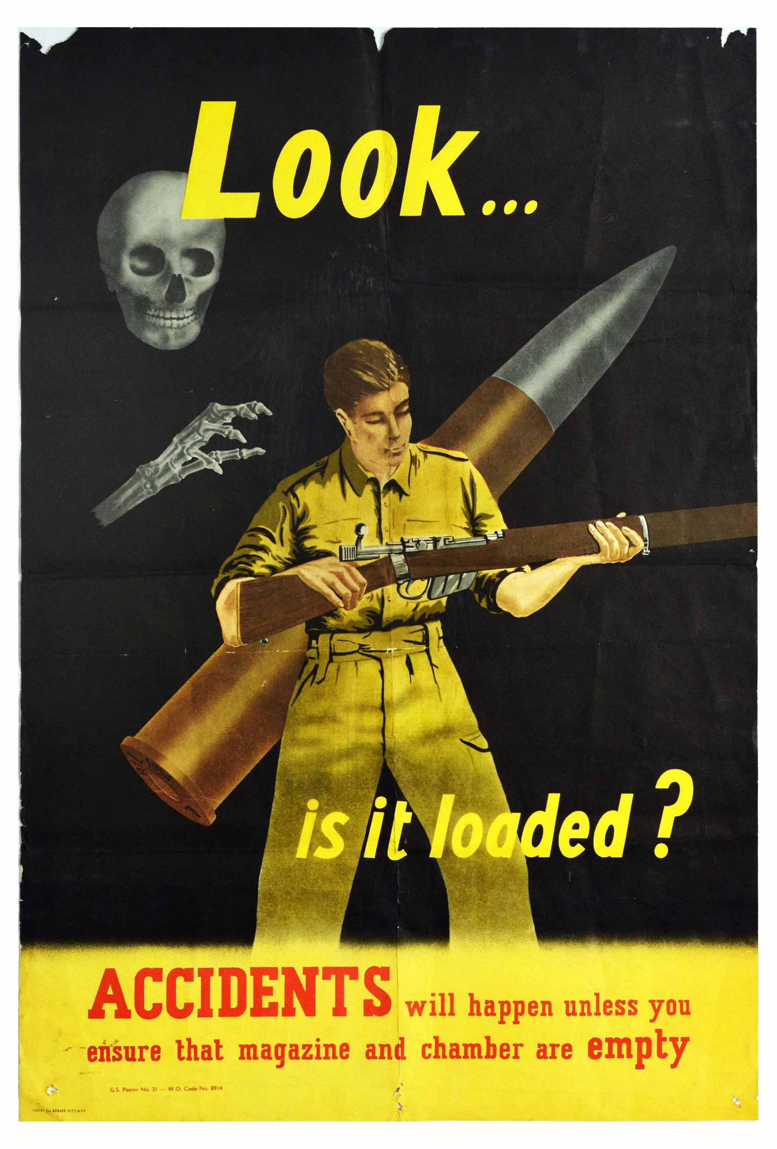 Propaganda Poster Gun Safety Accident British Army: Original vintage propaganda poster - Look... is it loaded? - featuring a British army soldier in green uniform inspecting a rifle with a large bullet and a skeleton reaching its hand towards the soldi