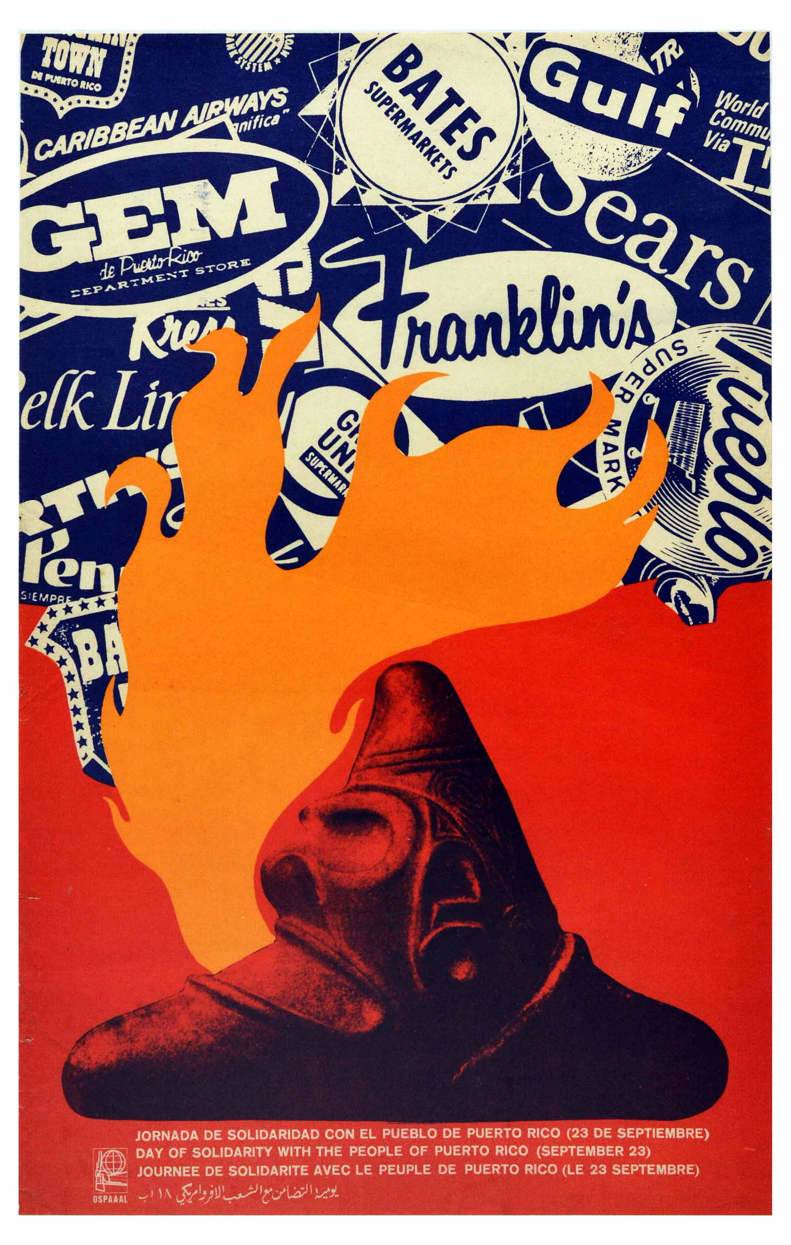 Propaganda Poster Puerto Rico Solidarity Cuba OSPAAAL: Original vintage propaganda poster issued by OSPAAAL to commemorate Day of Solidarity with the People of Puerto Rico (September 23) in their fight for independence. The poster features a stylised illu