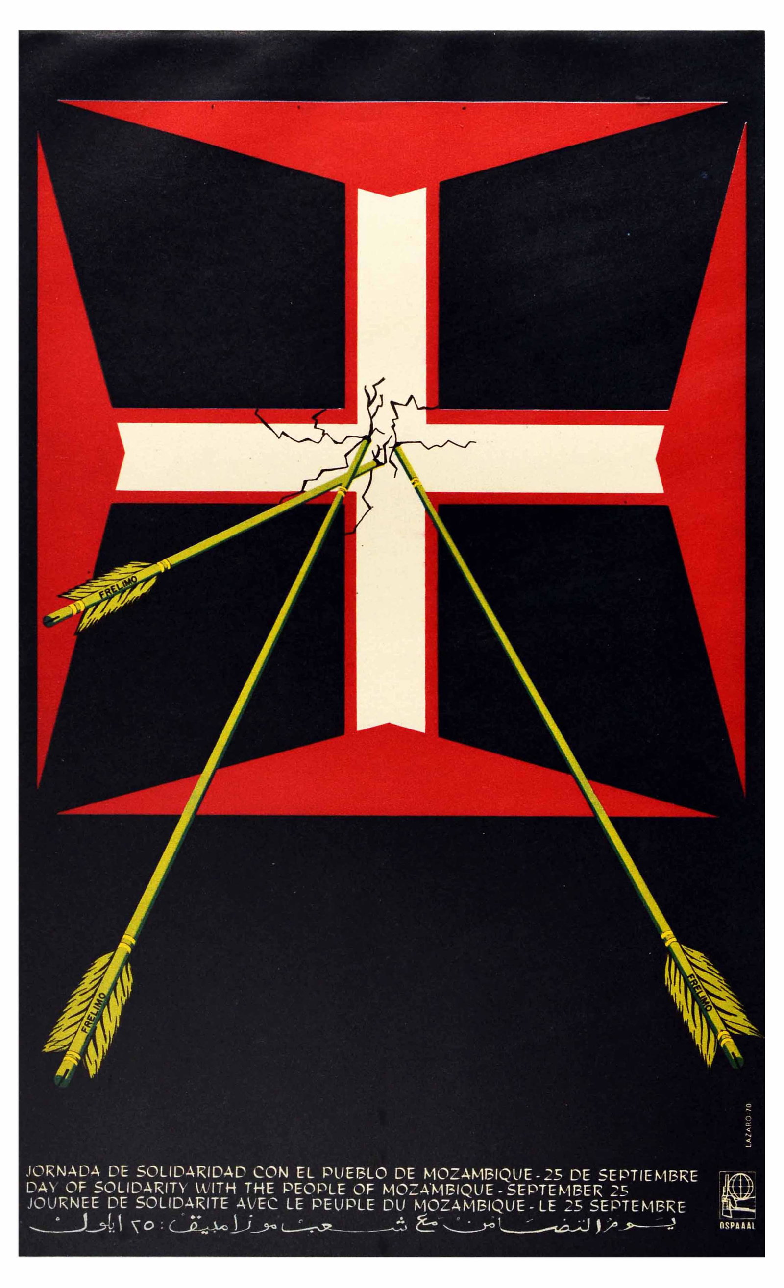 Propaganda Poster Mozambique Solidarity Cuba OSPAAAL: Original vintage propaganda poster issued by OSPAAAL to commemorate Day of Solidarity with the People of Mozambique (September 25) in their fight for independence from Portugal. The poster features an