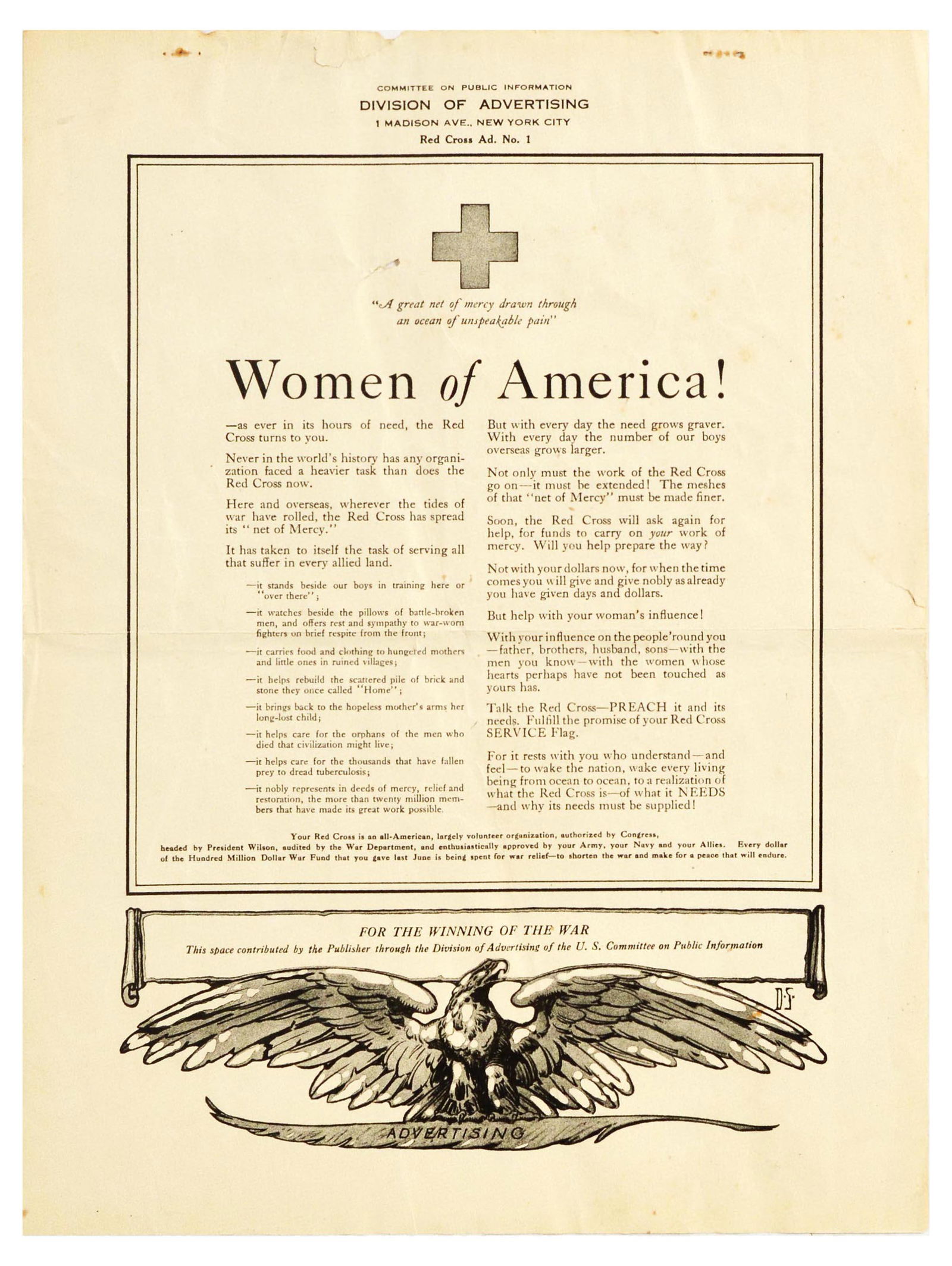 War Poster WWI Red Cross Fund USA Women: Original vintage World War I propaganda poster calling out to Women of America, issued by the Committee on Public Information Division of Advertising, 1 Madison Ave., New York City, Red Cross Ad. No.