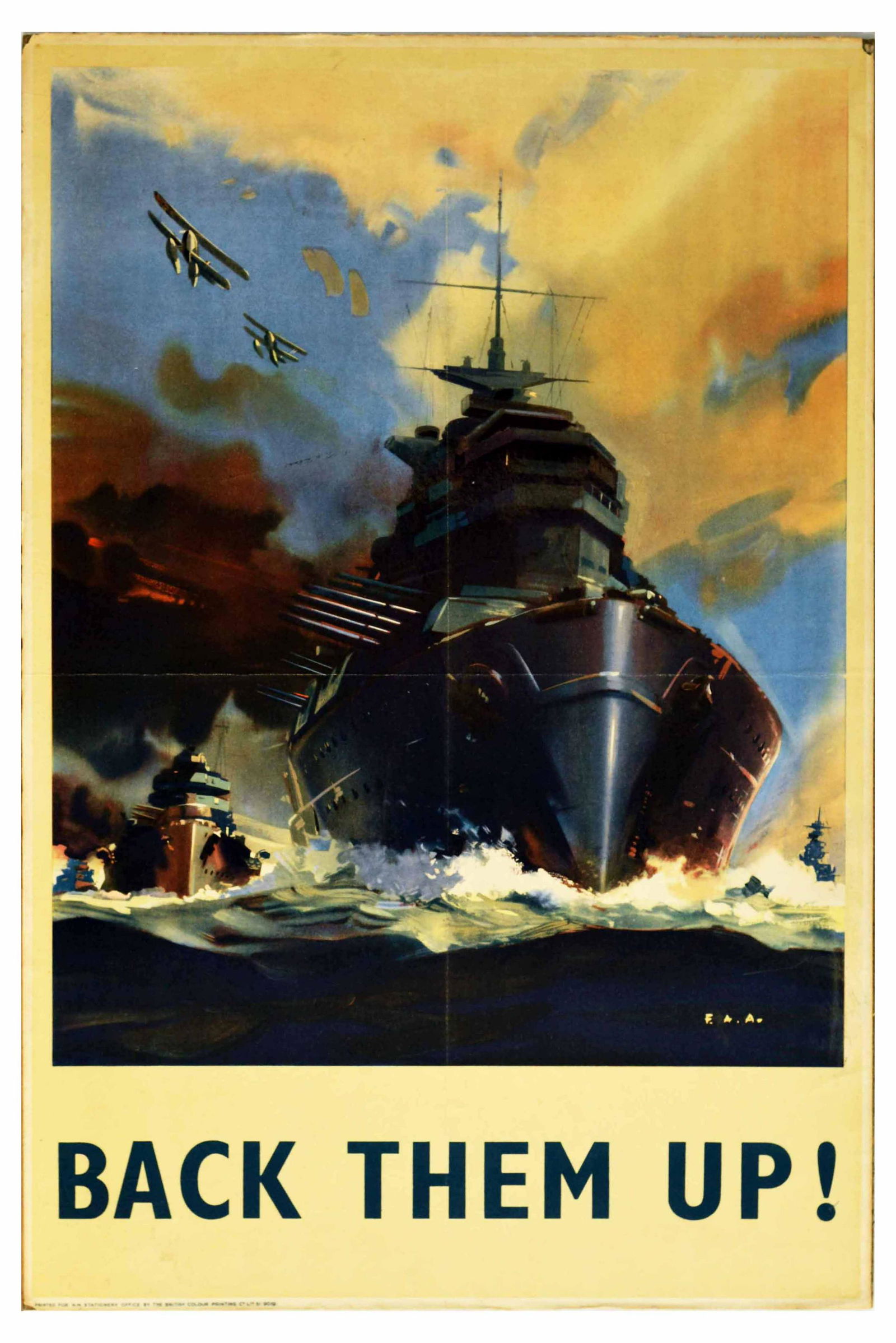 War Poster Back Them Up WWII Warship Attack UK: Original vintage World War Two propaganda poster - Back Them Up! - featuring dramatic artwork of a naval warship shooting missiles, with other naval ships seen through thick black smoke, and planes fl