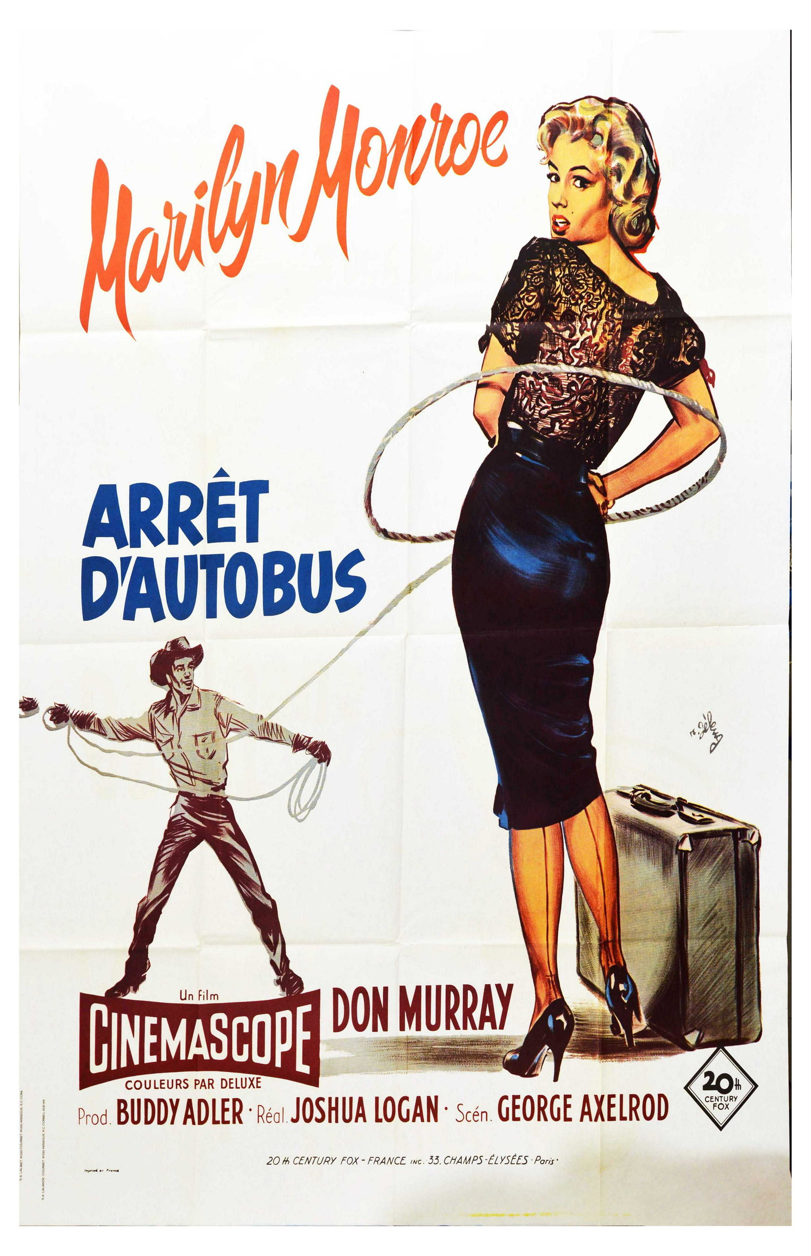 Movie Poster Marilyn Monroe Bus Stop Arret DAutobus: Original vintage film poster for the French re-release of the 1956 film Arret Dâ€™Autobus / Bus Stop starring Marilyn Monroe, Arthur Oâ€™Connel, and Don Murray, produced by Buddy Adler and d