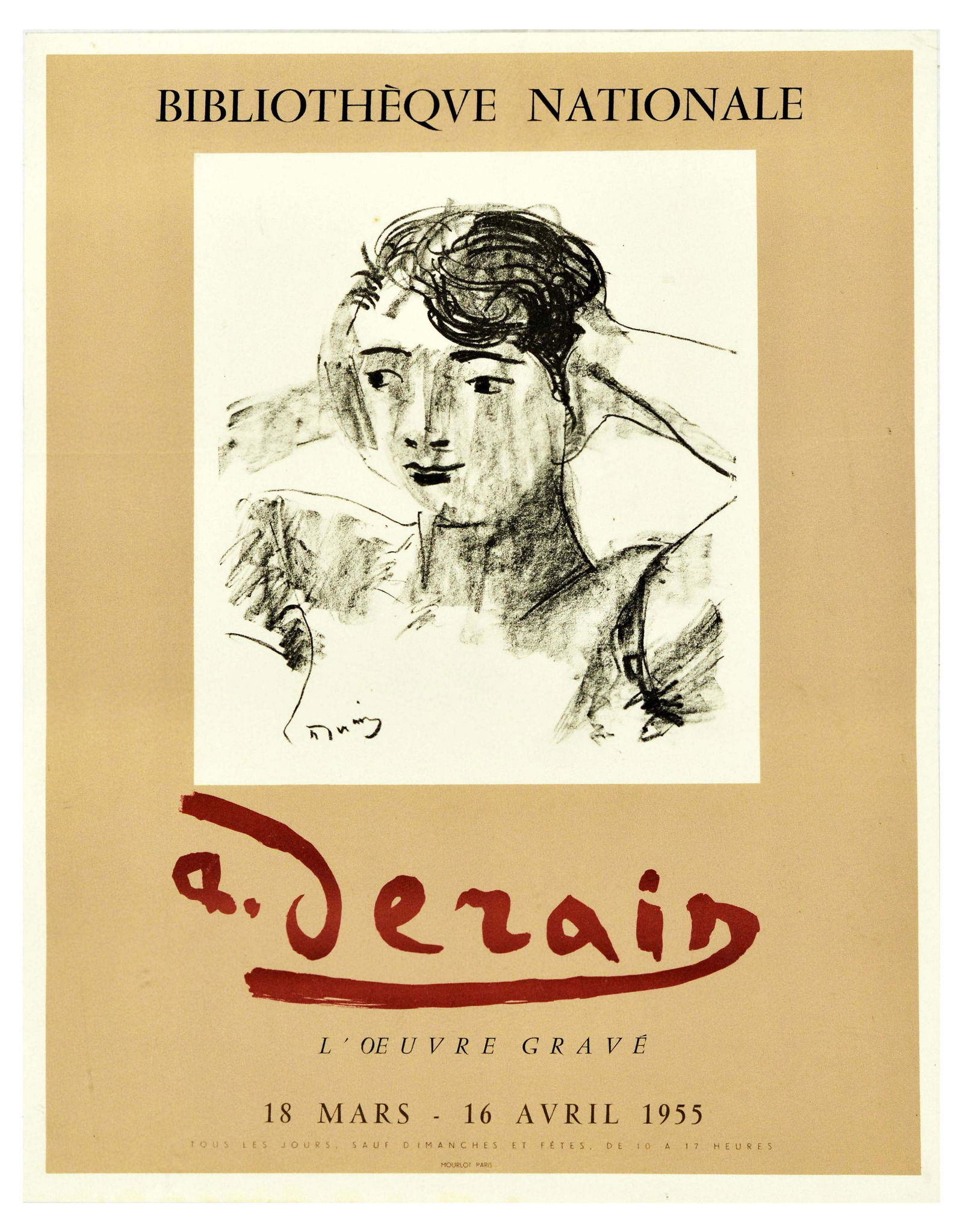 Advertising Poster Derain Fauvism Art Exhibition: Original vintage advertising poster for a French artist, painter, sculptor and co-founder of Fauvism Andre Derain (1880-1954) artwork exhibition L'Oeuvre Grave / The Engraved Work at the Bibliotheqve
