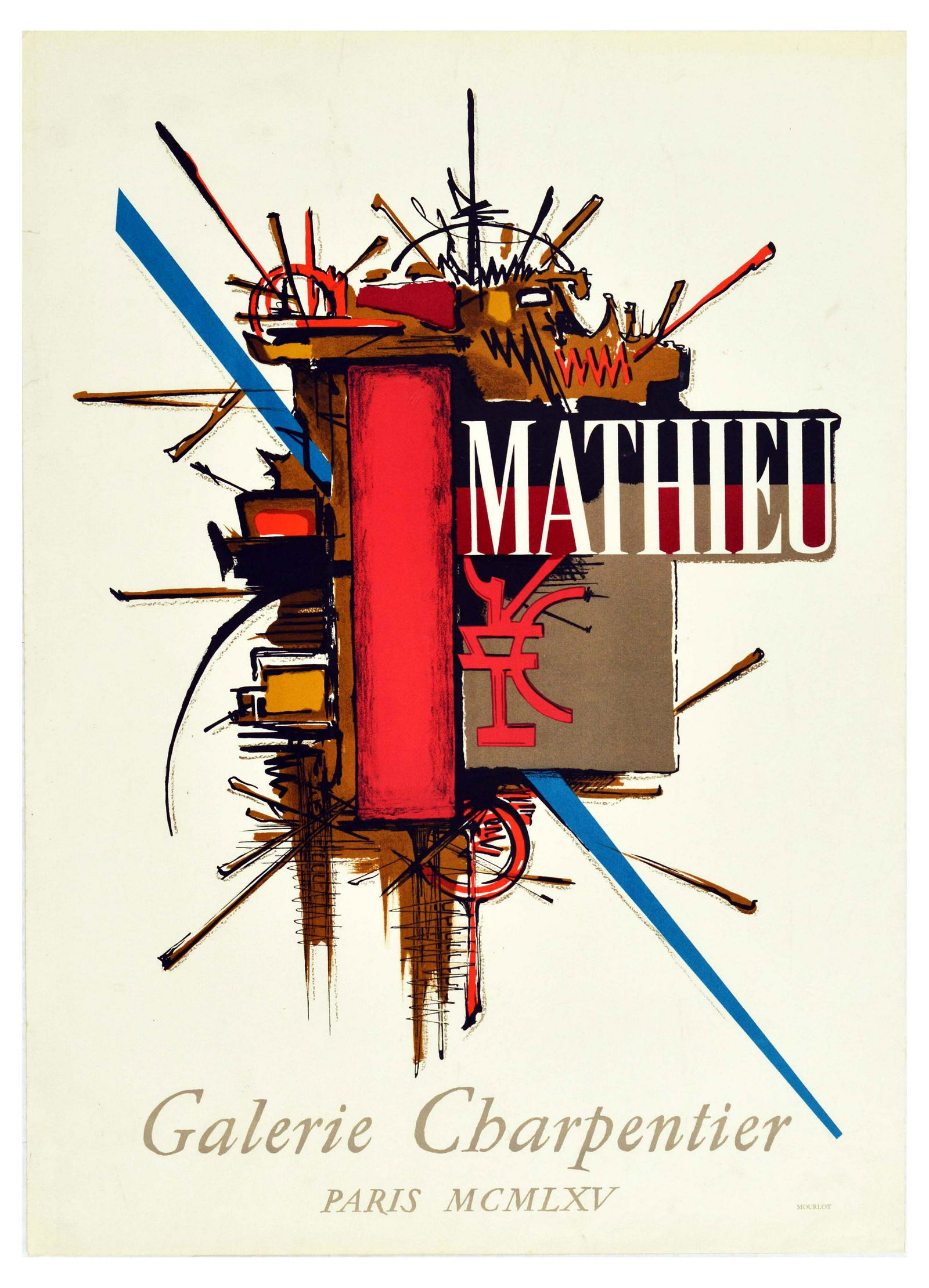 Advertising Poster Mathieu Abstract Galerie Charpentier: Original vintage advertising poster for a French painter Georges Mathieu (1921-2012) artwork exhibition held at Galerie Charpentier Pars MCMLXV, featuring artist's abstract painting in red, brown, gre