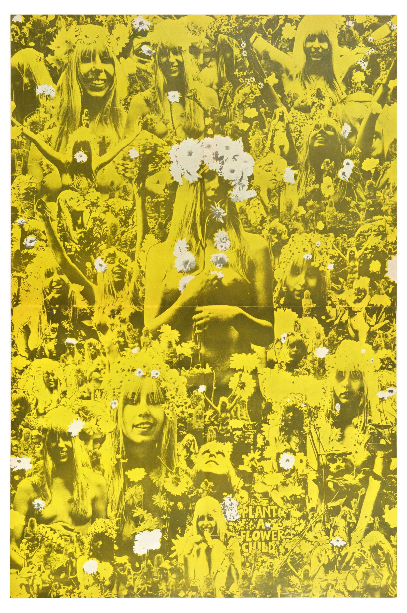 Advertising Poster Oz Magazine Plant A Flower Child: Original vintage double sided poster from the Oz Magazine Plant a Flower Child featuring a collage illustration of a lady in yellow and black with flowers in her hair, flower wreaths, and white flower