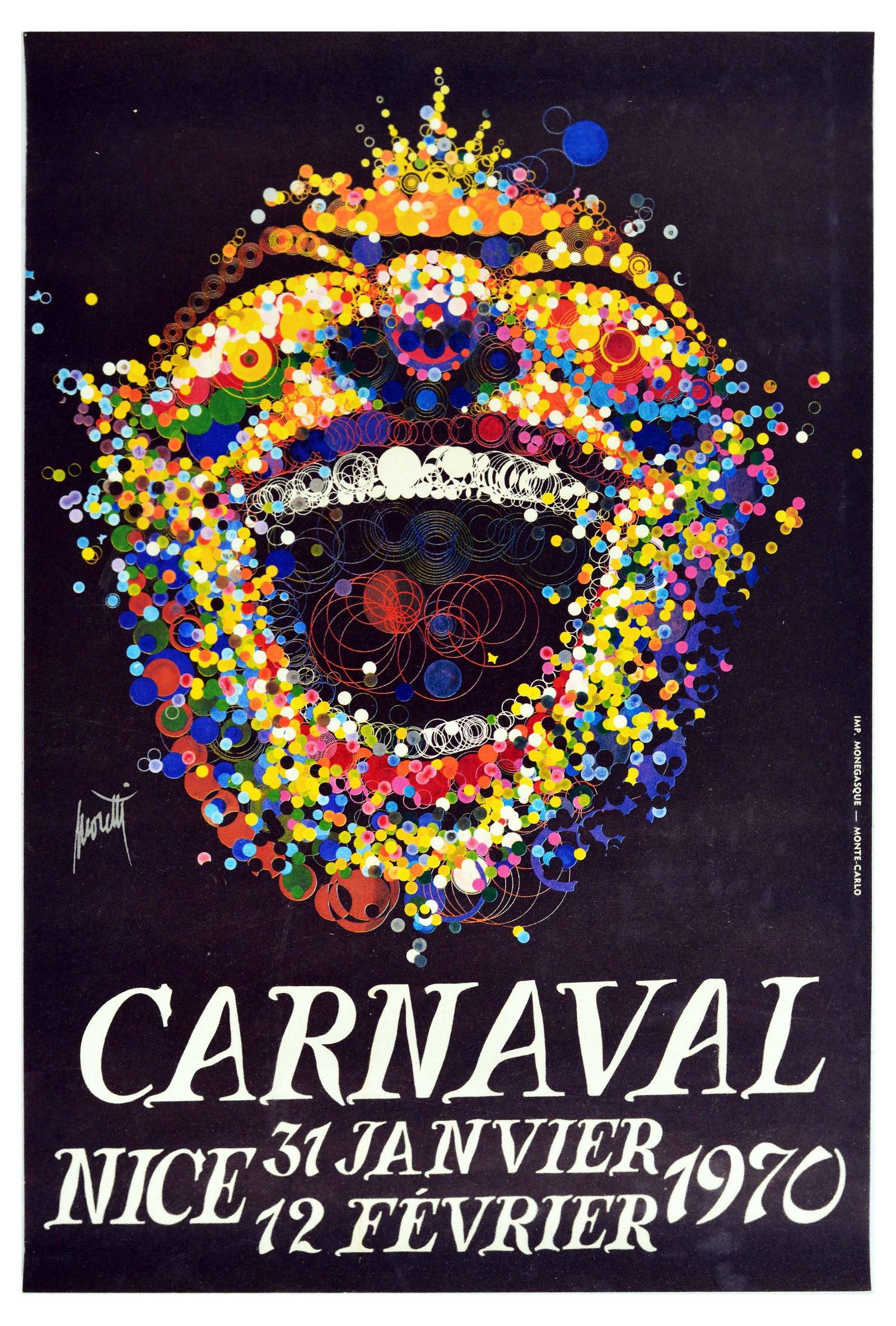 Advertising Poster Carnival Nice 1970 Fireworks: Original vintage advertising poster for a Carnival / Carnaval in Nice that took place between 31 January and 12 February 1970 - Design by Raymond Moretti (1931 â€“ 2005) features a wide mouthed l