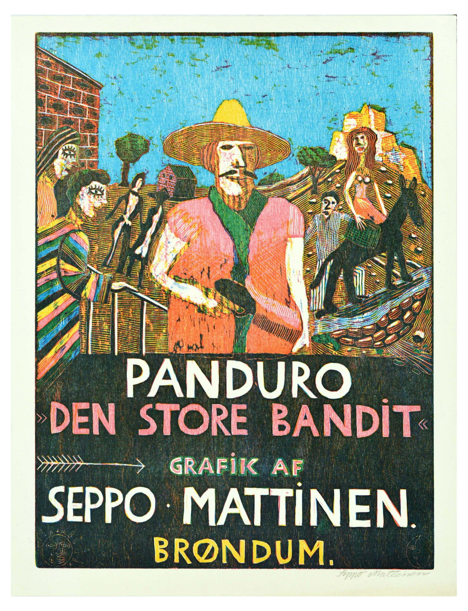 Advertising Poster Seppo Mattinen Art Panduro Den Store: Original vintage advertising poster for Leif Panduro (1923-1977) book Den Store Bandit Grafik AF Seppo Mattinen Brondum, featuring an illustration of a moustached man in a yellow hat hiding a weapon i