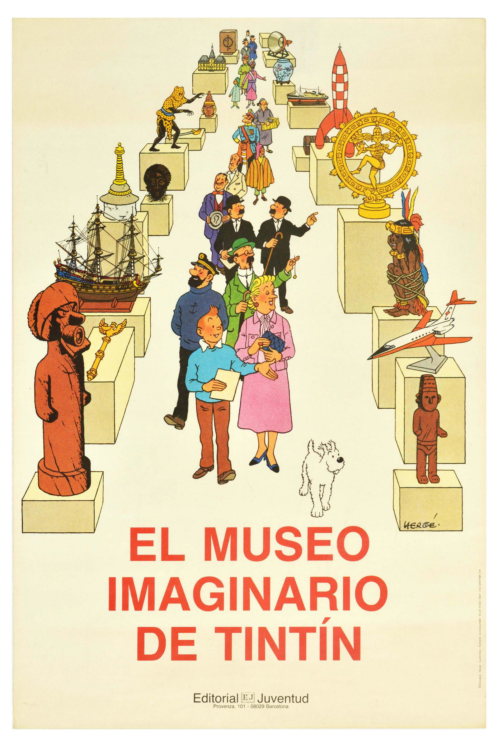 Advertising Poster Tintin Imaginary Museum Joan Miro: Original vintage poster for an exhibition held from 27 September to 25 November 1984 presented by the Joan Miro Foundation - The Imaginary Museum Of Tintin - featuring a great design depicting charact