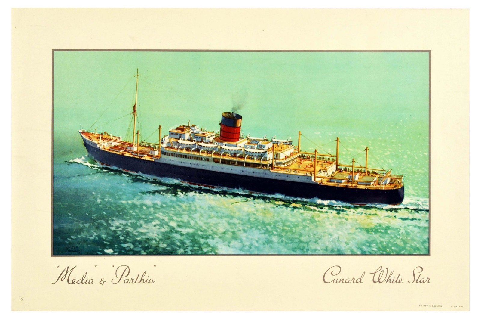 Travel Poster Cunard White Star Ship Media Parthia: Original vintage cruise ship travel poster Media & Parthia by Cunard White Star depicting a steam ship on ocean waters. Media and Parthia, the twin passenger and cargo ships were used by Cunard on the