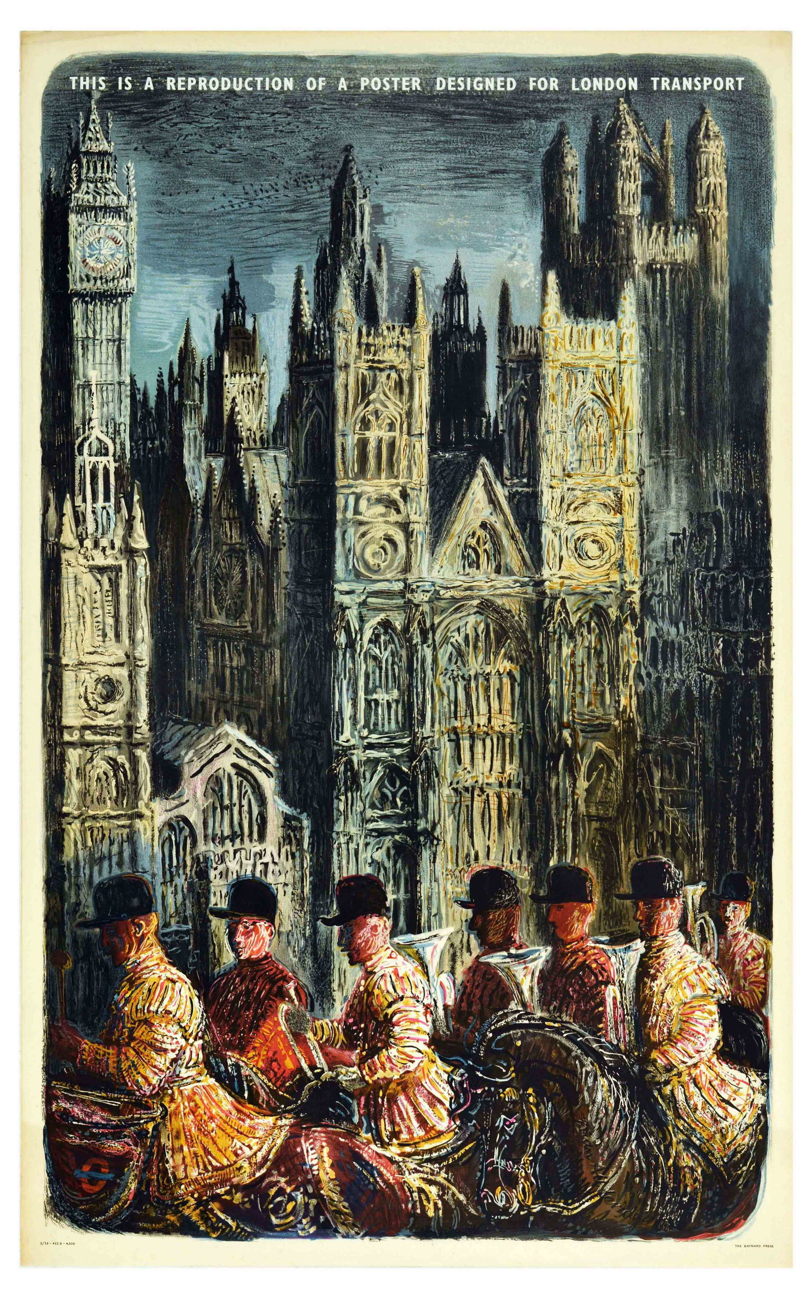 Travel Poster London Underground Westminster Abbey: Vintage reproduction of the 1953 travel poster designed for London Transport featuring artwork by Brian Allderidge (1923-1995) depicting the Royal cavalry guards passing the Westminster Abbey on horse
