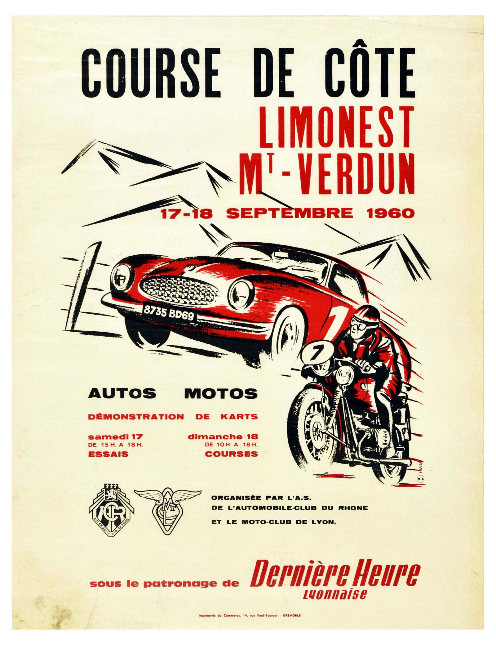 Sport Poster Course de Cote Motor Car Racing Verdun: Original vintage motorsports poster for Course de Cote Limonest mt Verdun / Hill climb Limonest mt Verdun 17-18 September 1960 with car and motorcycle racing and karts demonstration. Organised by the