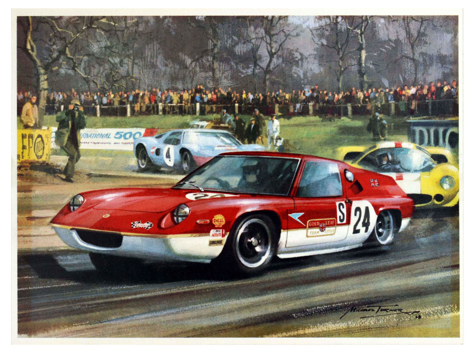 Sport Poster Formula One F1 Lotus Ford Jackie Oliver: Original vintage motorsport poster featuring a Formula 1 Gold Leaf Team Lotus Ford Lotus WEC 47 car in white and red marked with number 24, being driven by a British racing driver Keith Jack 'Jackie'