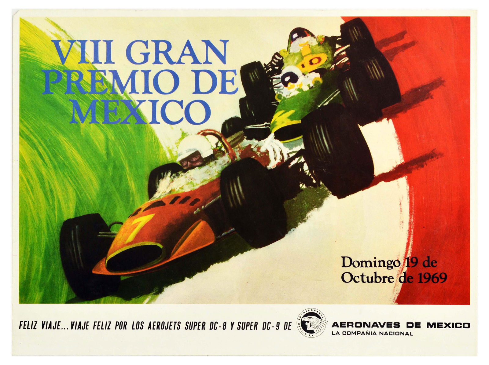 Sport Poster Formula One Mexico Grand Prix Car Racing: Original vintage motor sport car racing poster for the Formula 1 VIII Gran Premio de Mexico / Grand Prix of Mexico held un Sunday 19 October 1969 organised by Aeronaves de Mexico La Compania Nacional,