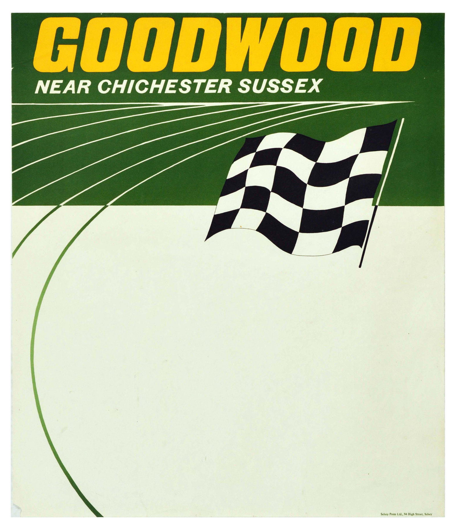 Sport Poster Goodwood Car Racing Chichester Sussex: Original vintage motorsport stock poster for Goodwood Near Chichester Sussex featuring an illustration of a black and white racing flag, stylised racing track, and bold yellow and white lettering. Goo