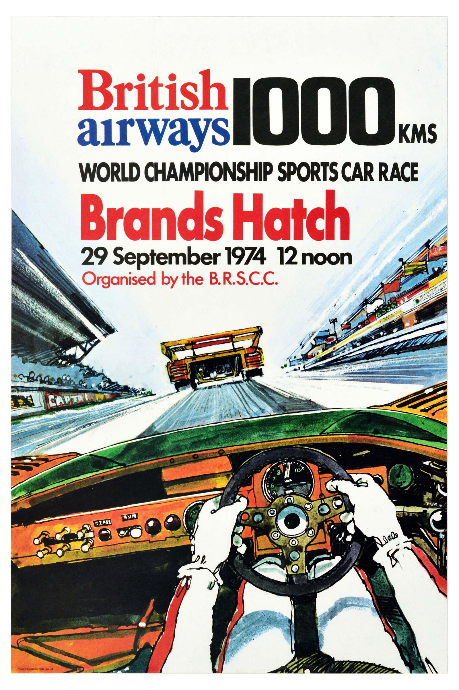 Sport Poster BA Brands Hatch Car Race Championship 1973: Original vintage motorsport poster for the British Airways 1000 kms World Championship Sports Car Race Brands Hatch 29 September 1974 12 noon Organised by the B.R.S.C.C. featuring a great dynamic illu