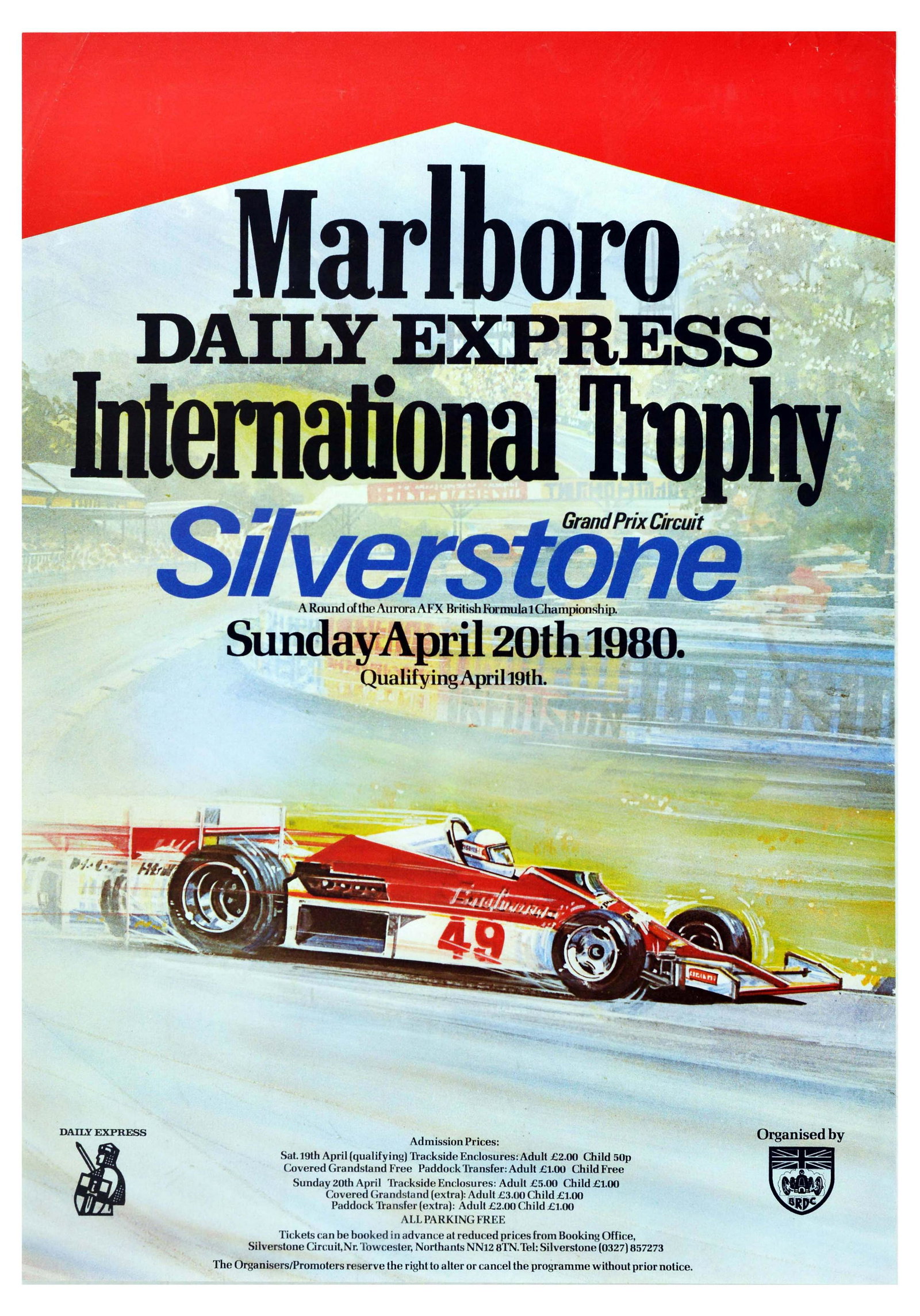 Sport Poster Formula One Silverstone Grand Prix: Original vintage motorsport poster for International Trophy A Round of the Aurora AFX British Formula 1 Championship Silverstone Grand Prix Circuit on Sunday April 20th 1980 with Qualifying race April