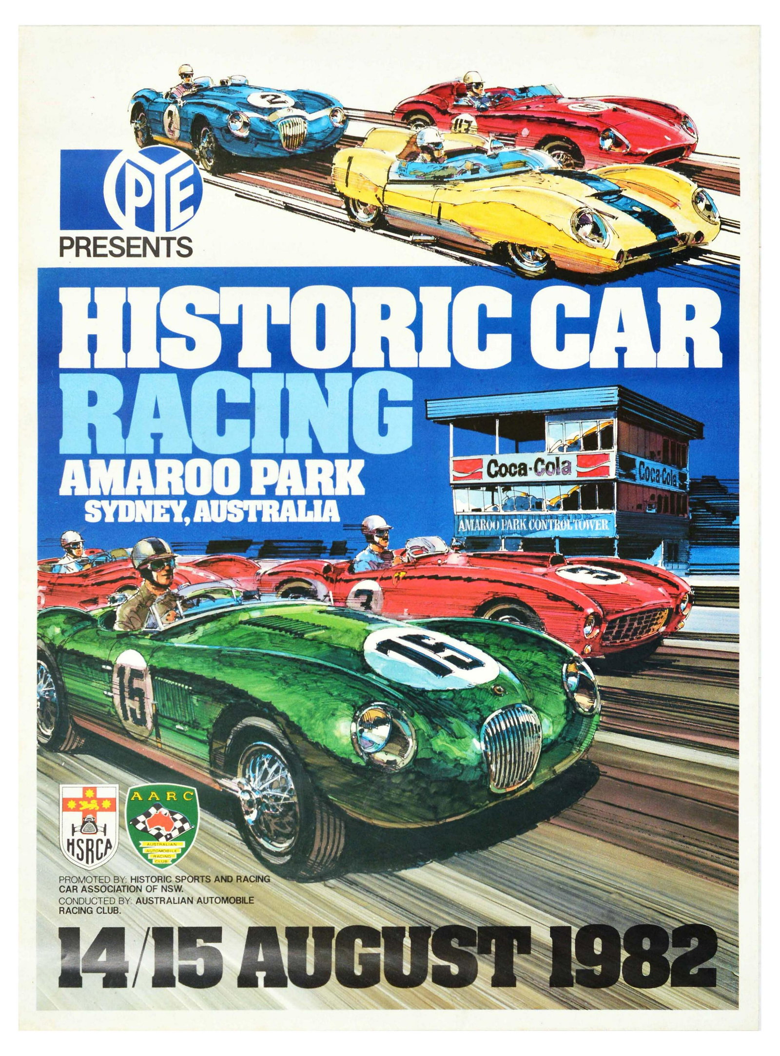Sport Poster Historic Car Racing Vintage Sydney: Original vintage advertising poster for Historic Car Racing Amaroo Park Sydney, Australia 14/15 August 1982 featuring a great dynamic illustration or red Ferrari, blue Jaguar, yellow Lotus, and green 