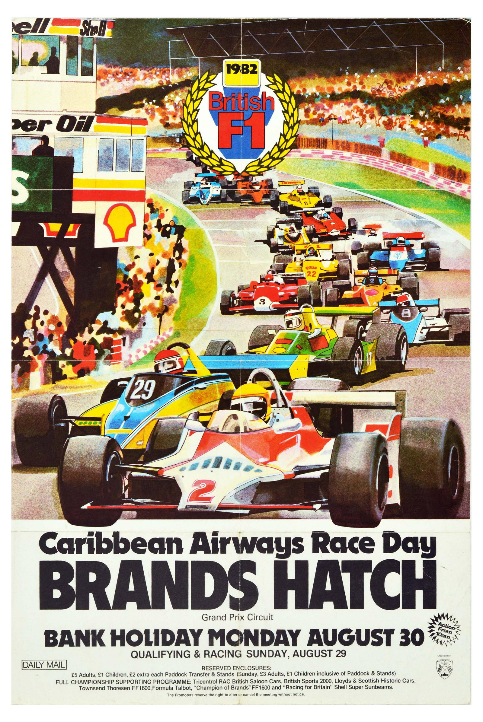 Sport Poster Formula One Caribbean Airways Brands Hatch: Original vintage motorsport poster for 1982 British Formula 1 Caribbean Airways Race Day at Brands Hatch Grand Prix Circuit on Bank Holiday Monday August 30. Qualifying & Racing Sunday, August 29. Ful