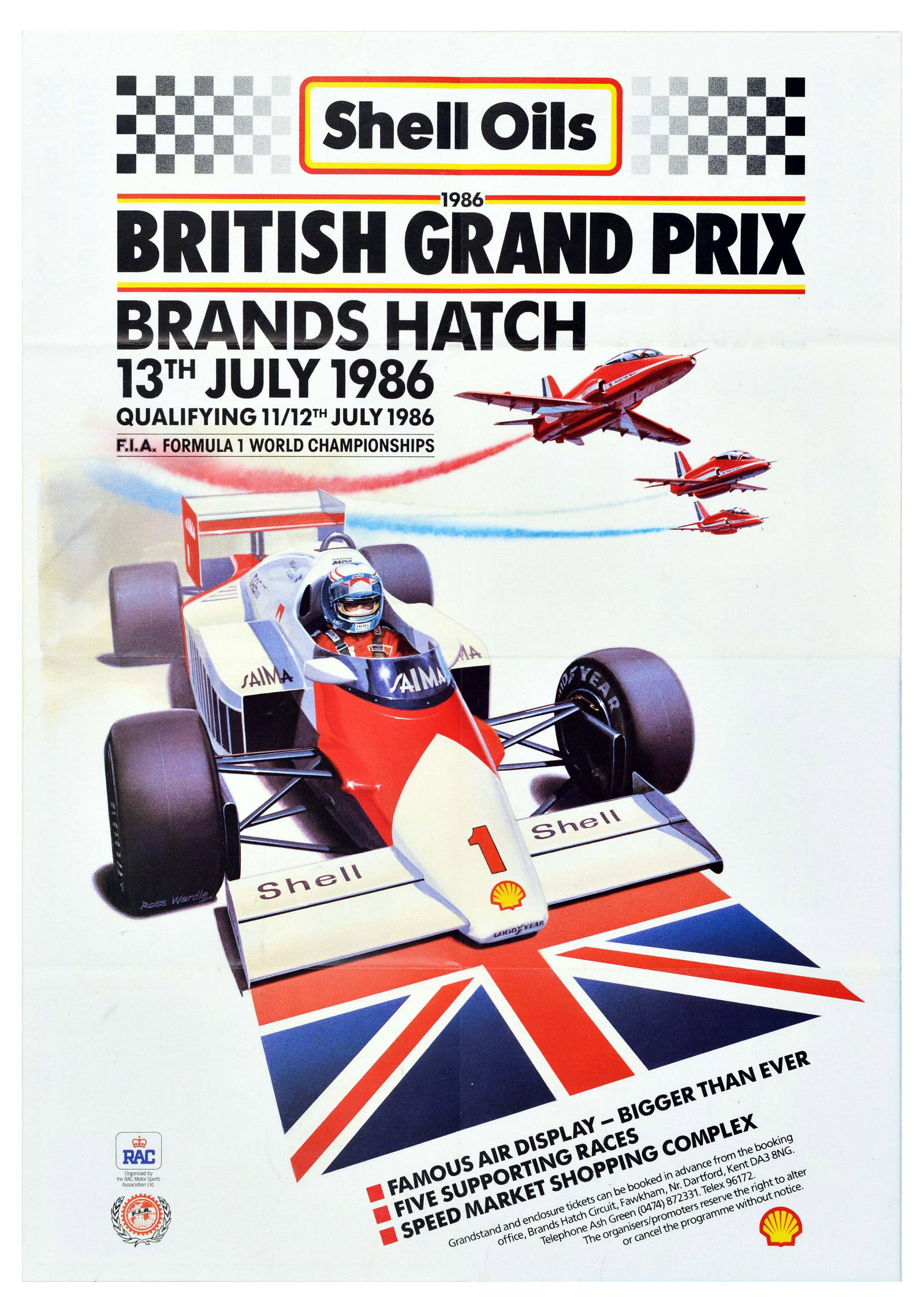 Sport Poster Formula One British Grand Prix 1986 Brands: Original vintage motorsport fold out brochure poster for British Grand Prix at Brands Hatch Circuit on 13th July 1986 with qualifying race 11/12th July 1986 Formula 1 World Championships, featuring a 