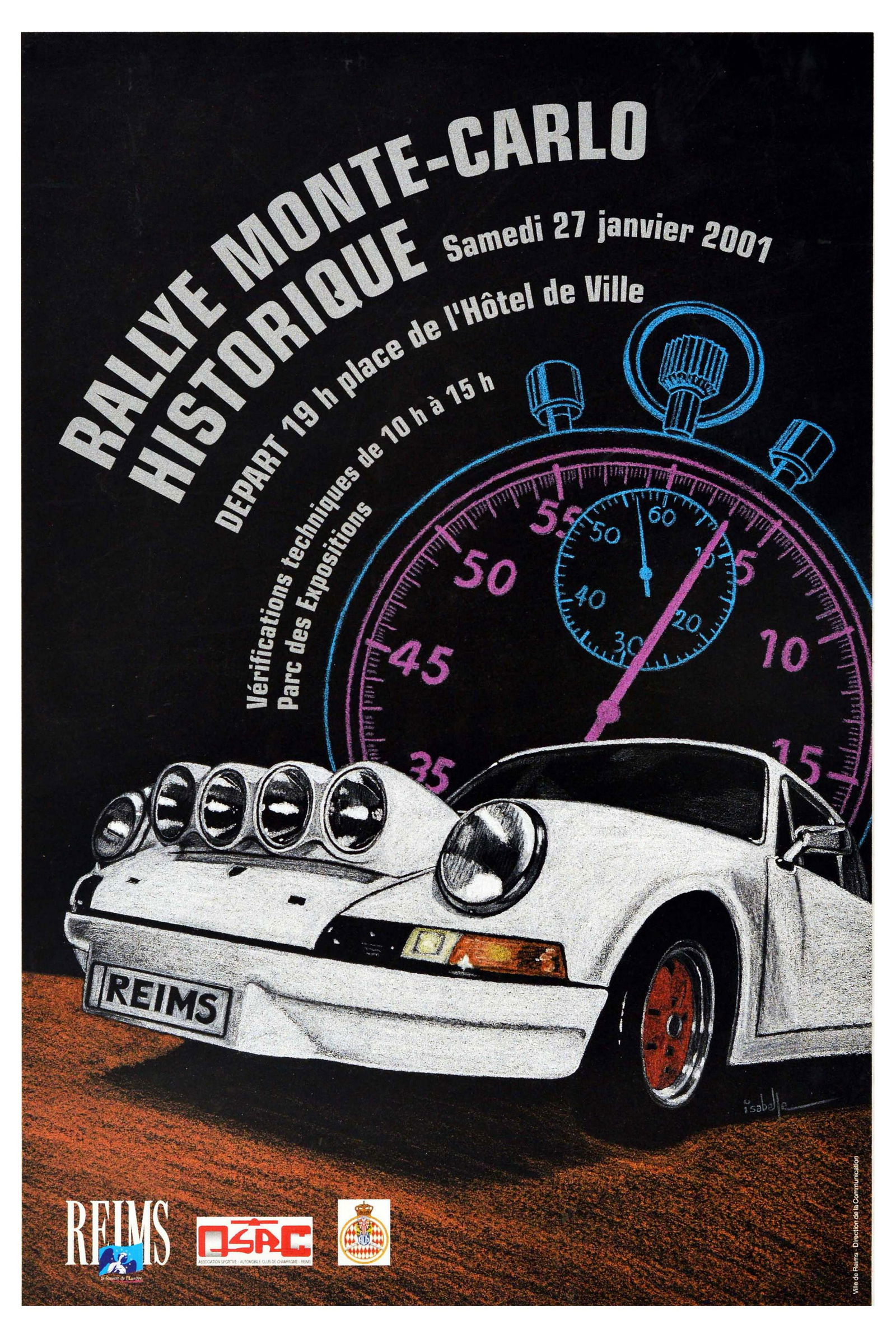 Sport Poster Rallye Monte Carlo Classic Car Racing: Original vintage motorsport poster for Rallye Monte-Carlo Historique Samedi 27 janvier 2001. Depart 19h place de l'Hotel de Ville. Verifications techniques de 10 h a 15 h. Parc des Expositions / Sunda