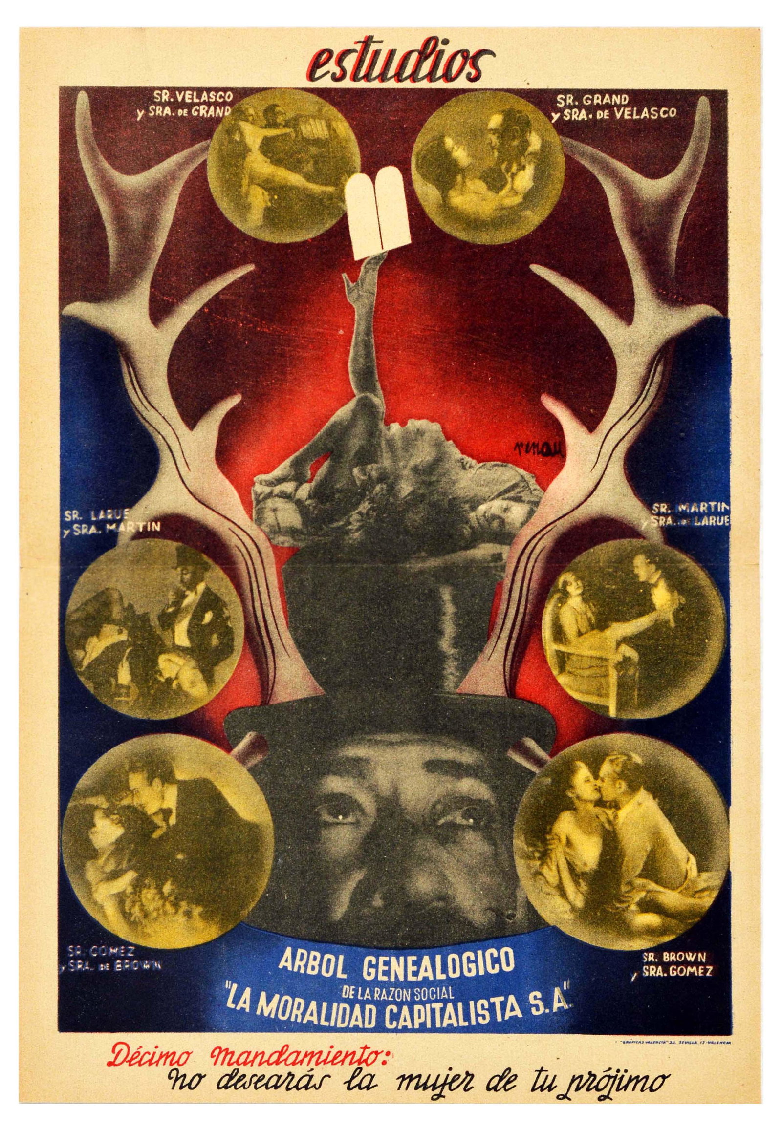 Propaganda Poster Social Reason Capitalist Morale: Original vintage propaganda poster promoting social values - Genealogical Tree of Social Reason "Capitalists Morale S.A." Tenth Commandment: You shall not desire your neighbour's wife. / Arbol Genealo