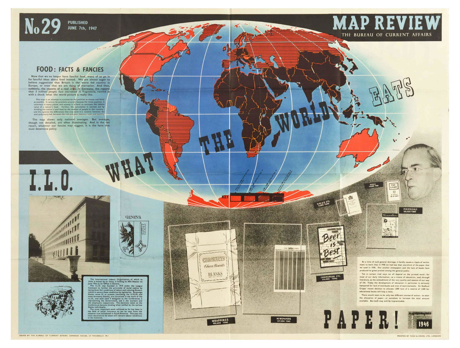 Propaganda Poster Map Review 29 Labour Organization: Original vintage propaganda poster Map Review No 29 Published June 7th 1947, featuring articles 'What the world eats' with a map of the world showing calorie intake by dividing the nation's total food