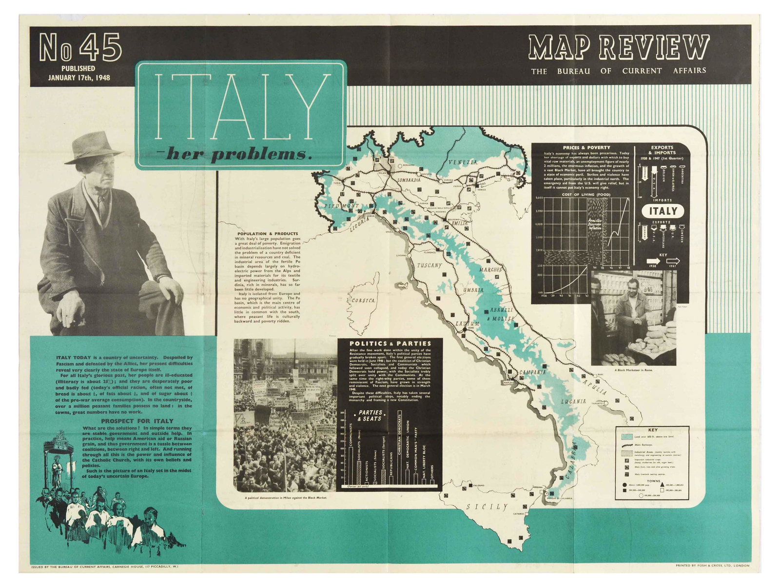 Propaganda Poster Map Review 45 Italy Politics Parties: Original vintage propaganda poster Map Review No 45 published January 17th 1948 featuring articles Italy - her problems - on the population and products with a map showing important industrial and agr