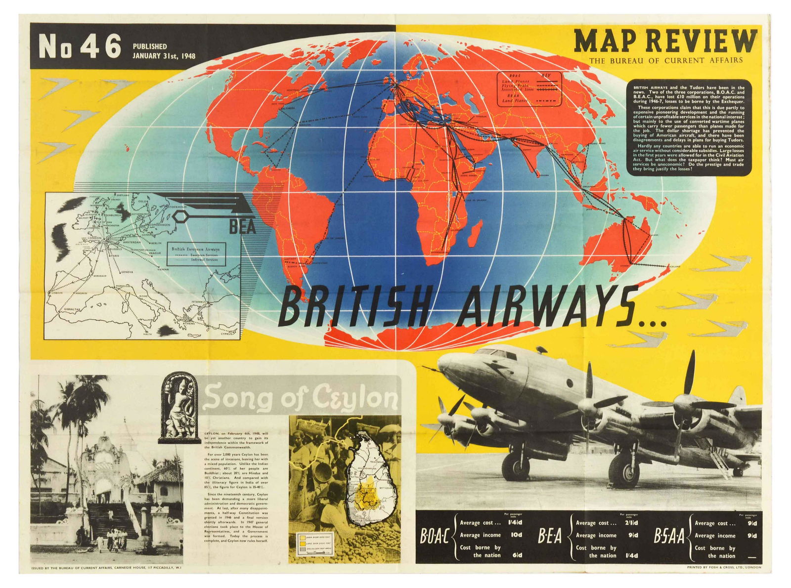 Propaganda Poster Map Review 46 British Airways: Original vintage propaganda poster Map Review No 46 Published January 31st 1948 by the Bureau of Current Affairs featuring an illustration of a world map with British Airways, BOAC and BEAC routes and