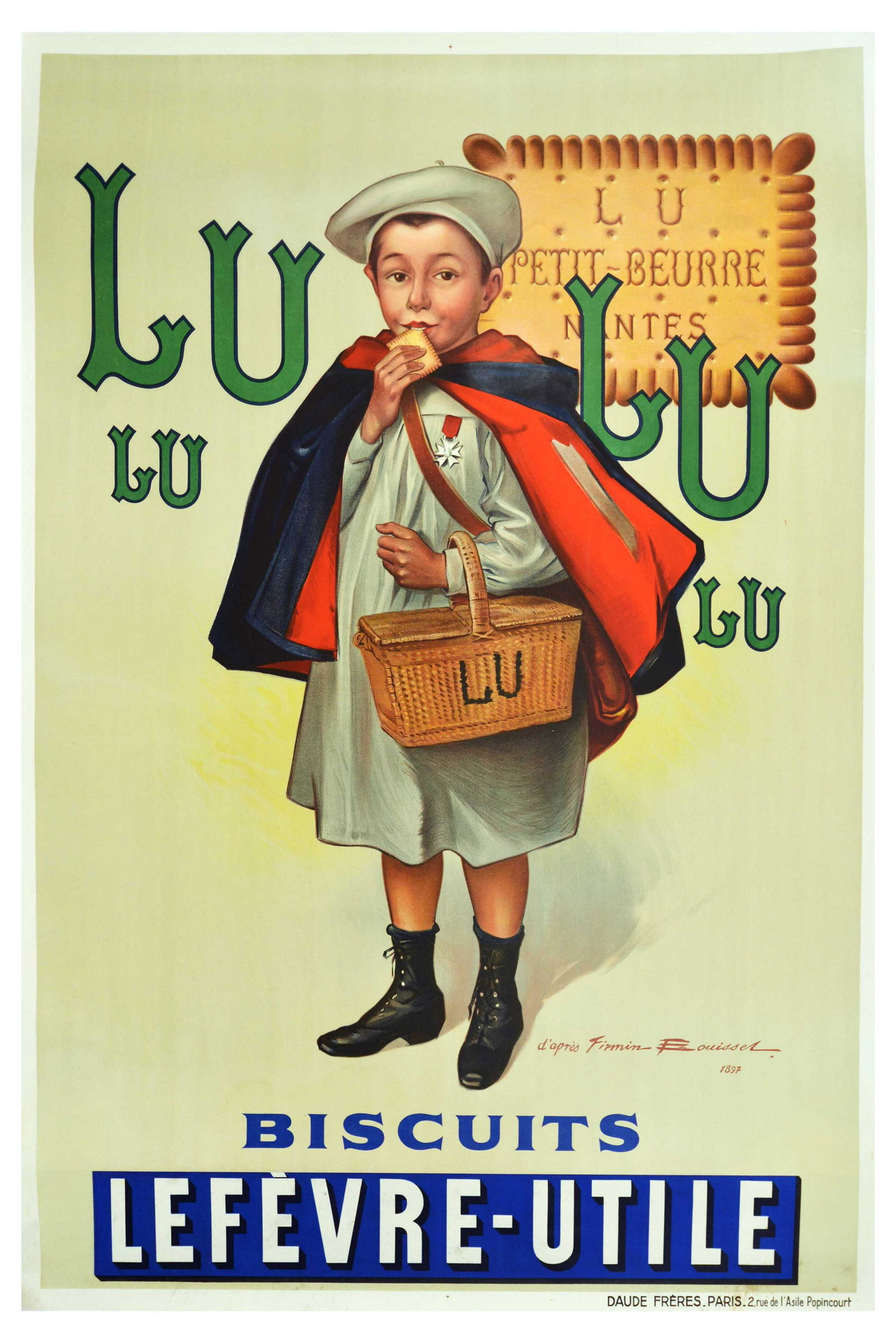 Advertising Poster Lulu Biscuit Lefevre Utile: Original antique advertising poster for Lu biscuits Lefevre-Utile featuring a child dressed in a cape and holding a basket marked Lu on one arm whilst looking out to the viewer and eating a biscuit, t